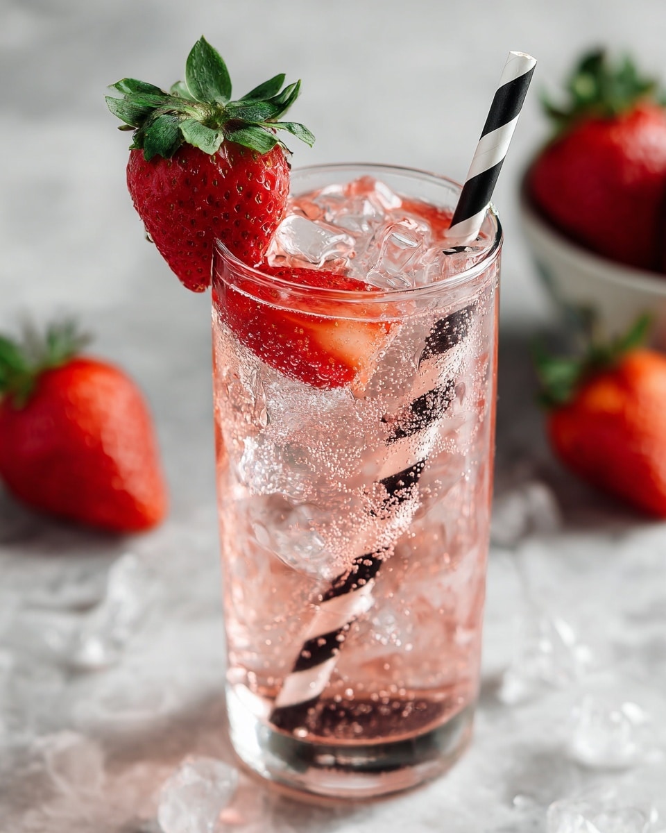 A clear round glass filled with a pink fizzy drink that has tiny bubbles all over. Inside the drink, a thin red strawberry slice is partially visible. A black and white twisty striped straw stands inside the glass, leaning slightly, with a whole bright red strawberry with green leaves perched on the rim of the glass. The setting features a white marbled textured surface with blurred red strawberries in the background. photo taken with an iphone --ar 4:5 --v 7