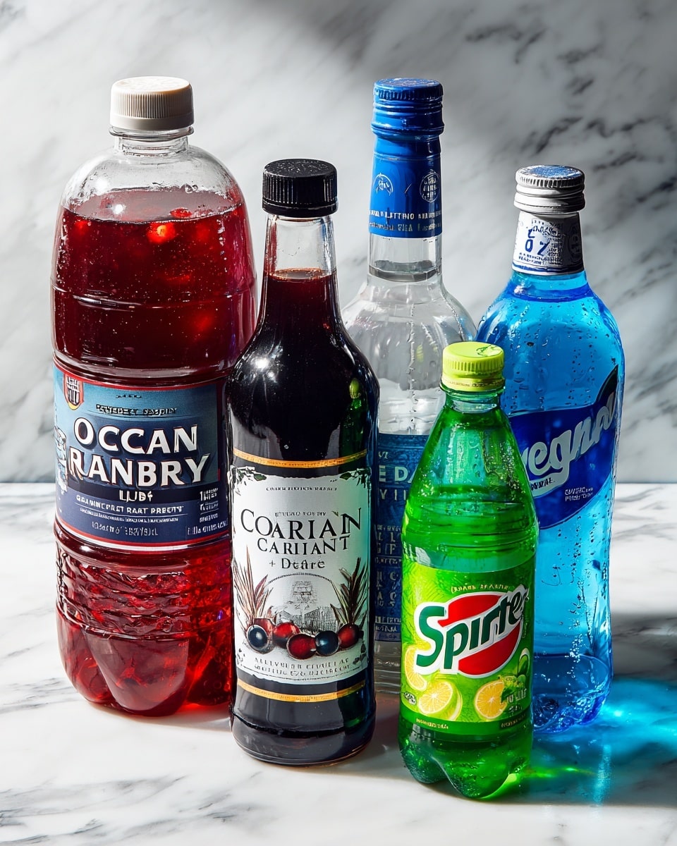 The image shows five bottles arranged in a row on a surface with a white marbled texture. From left to right, the first bottle is a large clear plastic bottle filled with dark red cranberry juice, labeled