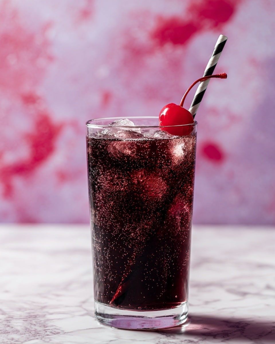 A clear rounded glass filled with a dark purple fizzy drink showing small bubbles rising up inside. A black and white striped straw is placed leaning inside the glass, with a bright red cherry perched on the rim next to the straw. The glass sits on a white marbled surface, with small red and pink heart-shaped confetti scattered around. In the background, there is a hint of pink and red decorations, softly blurred. Photo taken with an iphone --ar 4:5 --v 7