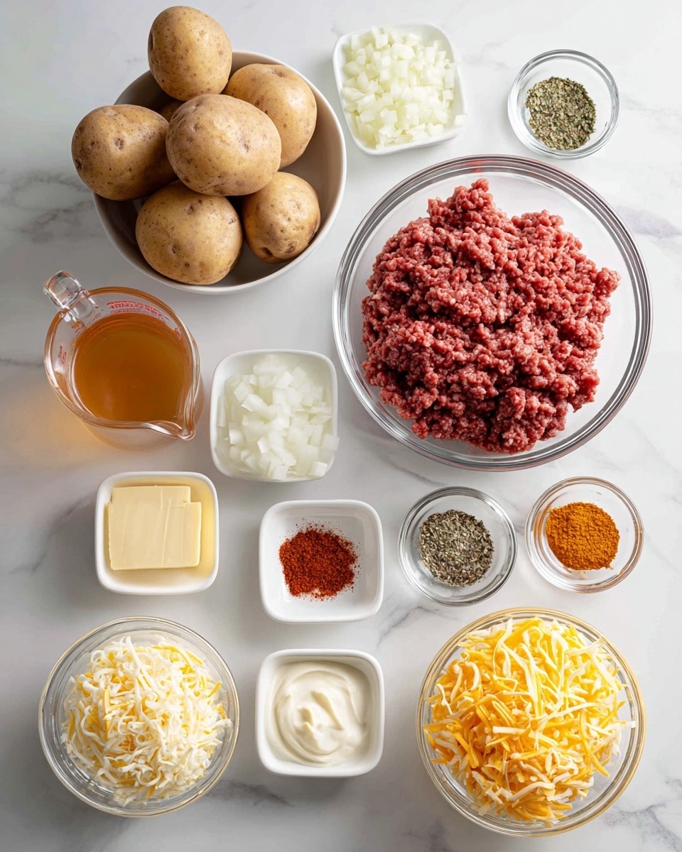The image shows a white marbled surface with various clear glass bowls and small white dishes containing ingredients neatly arranged. In the center is a large clear bowl filled with raw ground beef, reddish-brown in color and rough in texture. To the left, a medium clear bowl holds several whole brown potatoes with smooth skin. Above the potatoes is a small clear bowl with finely chopped white onion, next to another small bowl containing minced garlic, pale yellow in color. A clear glass measuring cup with amber-colored broth is on the left side. On the right side are two small white square dishes holding ground black pepper and salt. Below them, another small white square dish has bright orange paprika powder, and next to it is a clear small bowl with pale yellow butter. Below the ground beef bowl are two clear bowls filled with shredded cheeses, one with vivid orange cheddar cheese and the other with shredded mozzarella, white and stringy. Above the cheese bowls is a clear glass measuring cup with white half and half cream. A small white square dish with mixed Italian seasoning, showcasing green dried herbs, sits near the potatoes. All items are laid out clearly for cooking preparation photo taken with an iphone --ar 4:5 --v 7