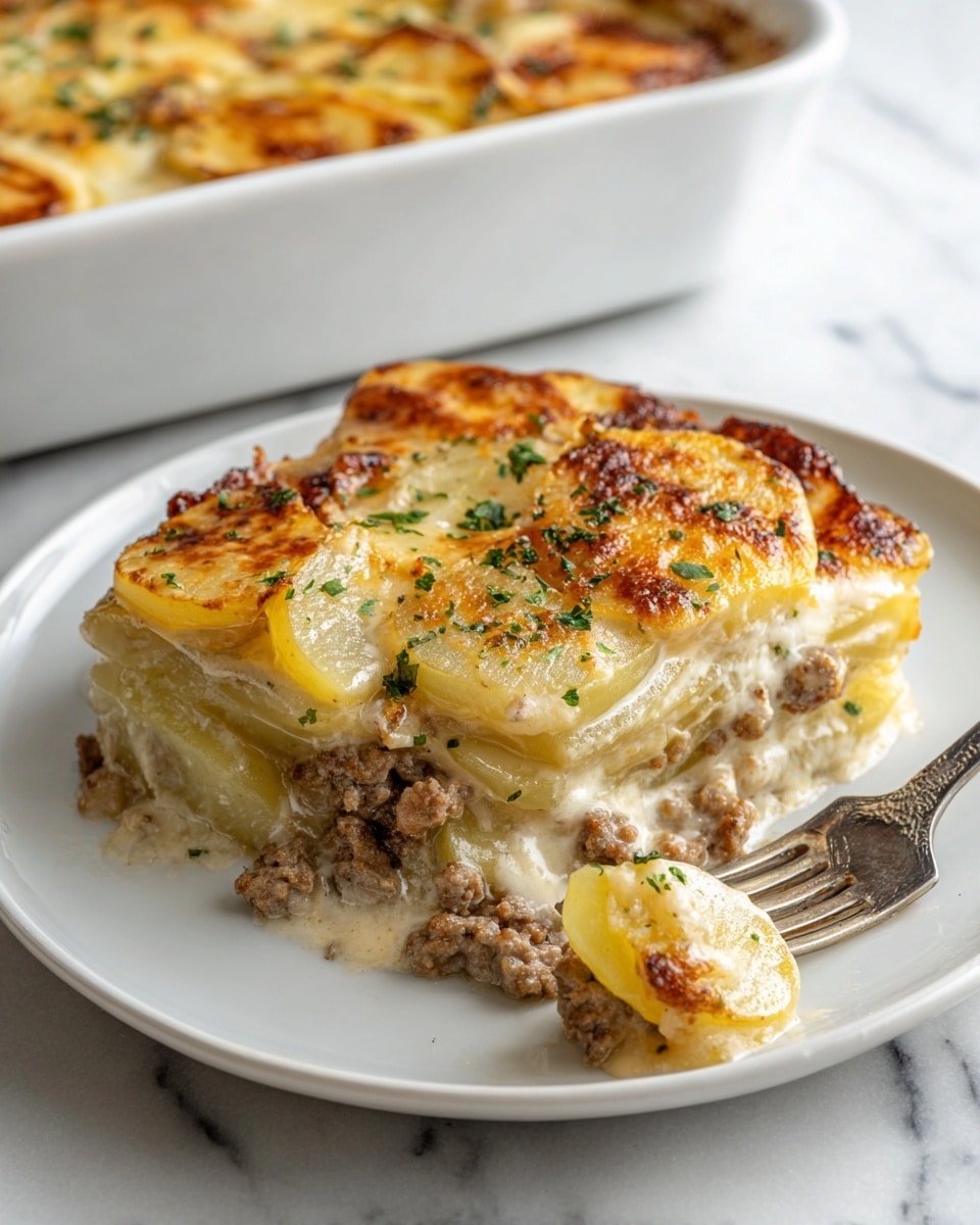 A white plate holds a layered dish featuring slices of light yellow potatoes at the bottom, topped with a layer of browned ground meat mixed with melted creamy cheese. The top layer is covered with a golden-brown melted cheese crust sprinkled with small bits of green herbs. A fork is picking up some potato slices from the plate, showing a soft and slightly creamy texture. The plate sits on a white marbled background. photo taken with an iphone --ar 4:5 --v 7