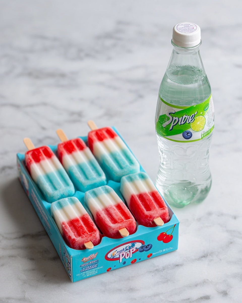 The image shows a box of Bomb Pop popsicles and a bottle of Sprite soda side by side on a white marbled surface. The Bomb Pop box is predominantly light blue with red, white, and blue popsicles pictured on the front; the popsicles have three layers with red on top, white in the middle, and blue at the bottom. The box also has colorful small images of cherries, lime slices, and blue raspberries scattered around. The Sprite bottle is clear plastic with a white cap and a white label decorated with green text and graphics; the liquid inside looks clear and full. Both items are centered and well-lit, placed against a soft, light-colored background. photo taken with an iphone --ar 4:5 --v 7
