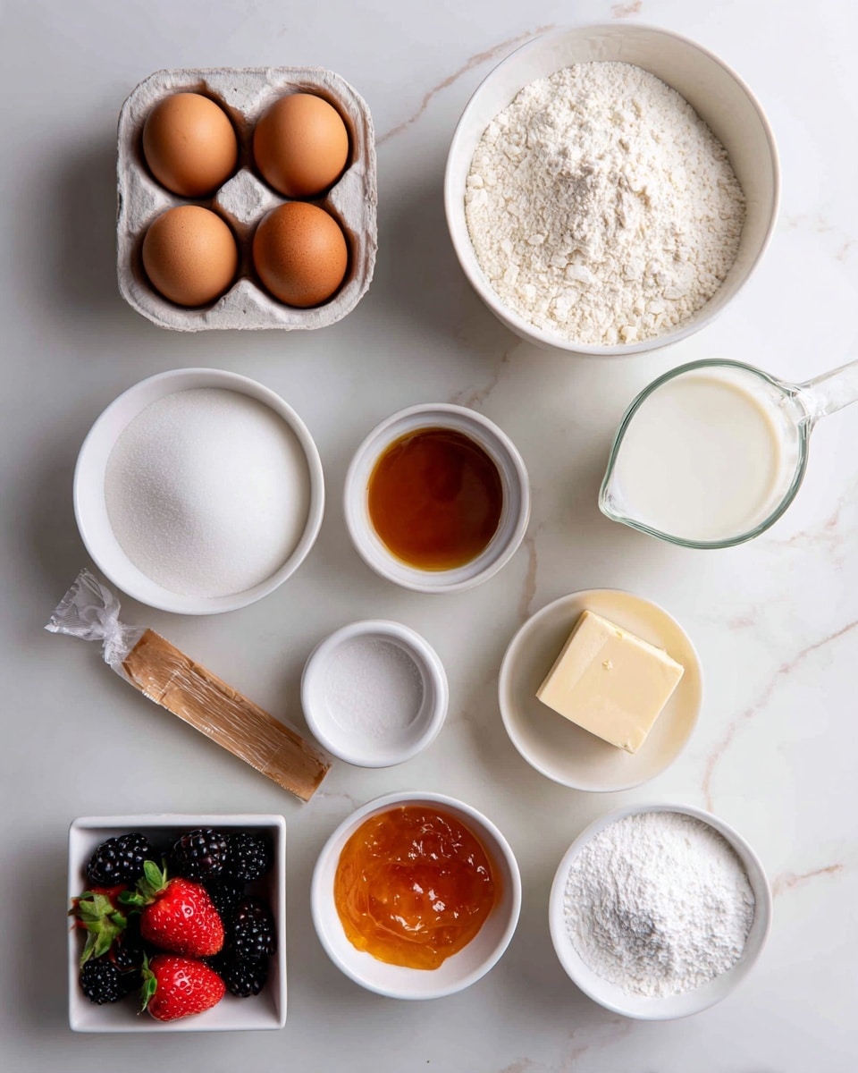 The image shows ingredients for baking arranged neatly on a white marbled surface. There are two brown eggs sitting in an ice cube tray at the top left corner. Next to them on the right is a clear measuring cup filled with milk. Below the eggs and milk, there is a white bowl of white sugar on the left, a white bowl of white flour in the center, and a small white bowl of light brown vanilla extract on the right. To the right of the vanilla is a tiny white bowl with salt. Below the flour, there is a wooden butter stick wrapper with a piece of butter slightly unwrapped. Next to the butter on the right, there is a white bowl with orange-colored apricot jam. In the bottom left corner, a white square bowl holds fresh fruit, including strawberries and blackberries. On the far right, there is a small white bowl with white baking powder. Everything is placed clearly and in an organized way. Photo taken with an iphone --ar 4:5 --v 7