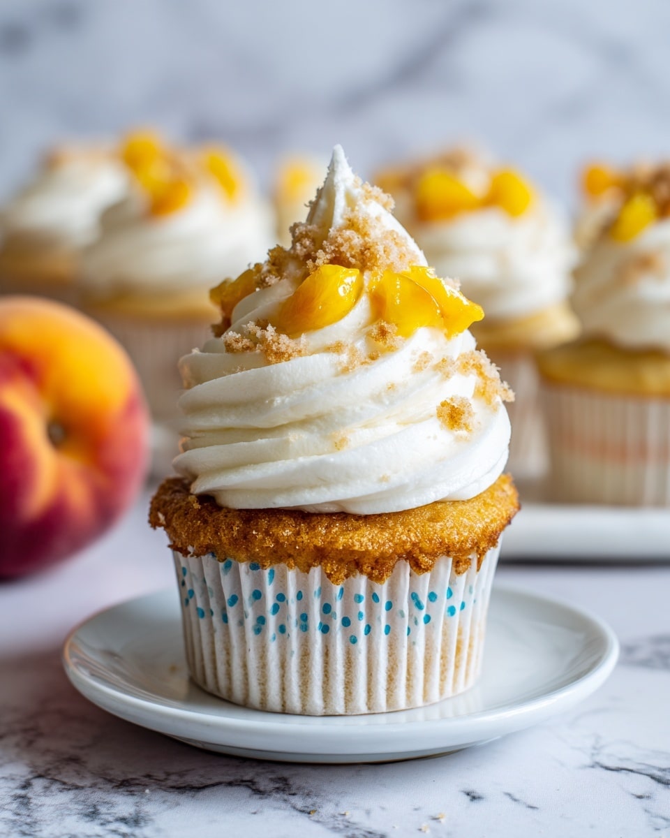 A single cupcake sits in the center of a white plate with blue dots on the paper liner, showing a golden yellow base with a soft texture. On top, there is a thick, white swirled cream layer, smooth and fluffy. The very top is decorated with bright yellow fruit chunks, possibly peaches, and sprinkled with small, light brown crumble bits. In the blurred background, similar cupcakes are visible on a white marbled surface with a soft, out-of-focus effect. photo taken with an iphone --ar 4:5 --v 7