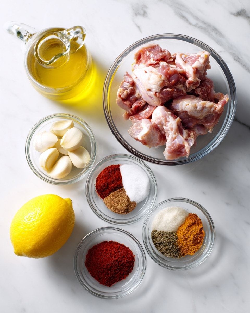 The image shows five clear glass bowls and a glass bottle on a white marbled surface. The largest bowl, on the right side, is filled with raw pink chicken pieces with some white fat. Below it, a medium-sized bowl holds six different spices in separate piles, including red, brown, and white powders, arranged in a circle. To the left of this, a bright yellow lemon rests directly on the surface. Above the lemon, a small bowl contains five small whole garlic cloves with smooth white skin. At the top left corner, there is a glass bottle filled with yellow oil, with a spout for pouring. The overall setup is clean and bright, with the ingredients spaced evenly. Photo taken with an iphone --ar 4:5 --v 7