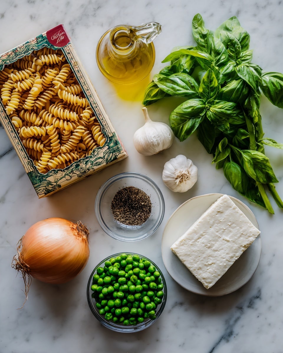 A flat lay of cooking ingredients on a white marbled surface showing a box of rotini pasta with a dark green and red design near the center, a bunch of fresh green basil leaves to the upper right, and three garlic cloves beside the basil. Below the pasta box are a bowl with a block of white cheese, a whole yellow onion with brown skin, a small clear bowl filled with black pepper, and another clear bowl full of bright green peas. A small glass bottle with golden olive oil is placed near the upper left corner. photo taken with an iphone --ar 4:5 --v 7