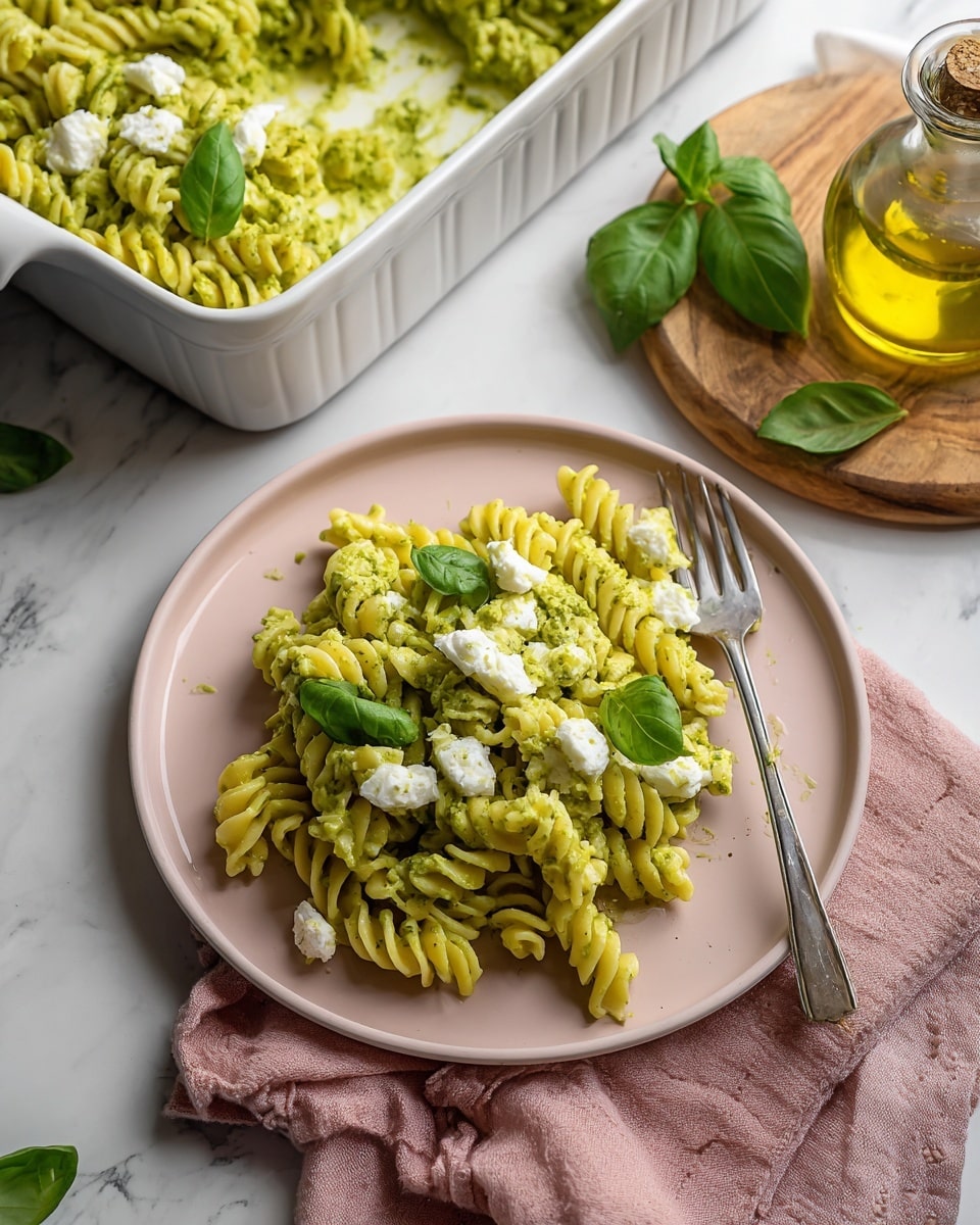A round beige plate holds a serving of rotini pasta coated in a light green creamy sauce, likely pesto. The pasta is mixed with small white cheese crumbles and sprinkled with fresh green basil leaves. A silver fork rests on the plate, partially tucked under the pasta. Next to the plate is a white container with more pasta in the same green sauce, garnished with basil. The setting features a white marbled surface, a small glass bottle of olive oil, a wooden board with a basil bunch, and a soft pink cloth. photo taken with an iphone --ar 4:5 --v 7