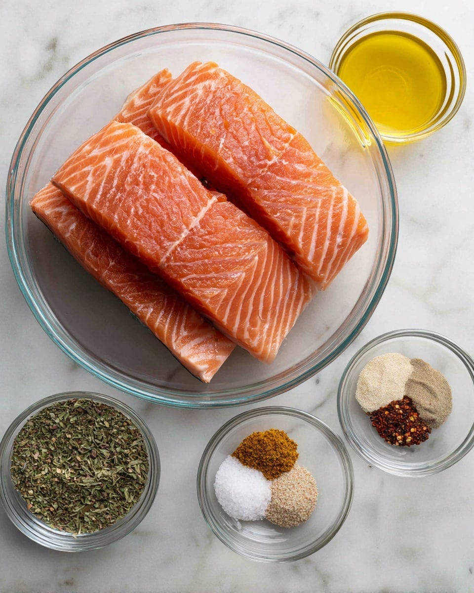In the image, there is a large clear glass bowl filled with four thick, raw salmon fillets arranged to show their pinkish-orange flesh with white lines of fat. To the right, there are three smaller clear glass bowls: one at the top holds a yellow liquid, likely oil; below it is a bowl of mixed dried herbs in greenish-brown tones; and at the bottom is a bowl with five different spices in small piles, showing colors like white, black, beige, and reddish-brown. All bowls rest on a white marbled surface. The scene is simple and clean. photo taken with an iphone --ar 4:5 --v 7