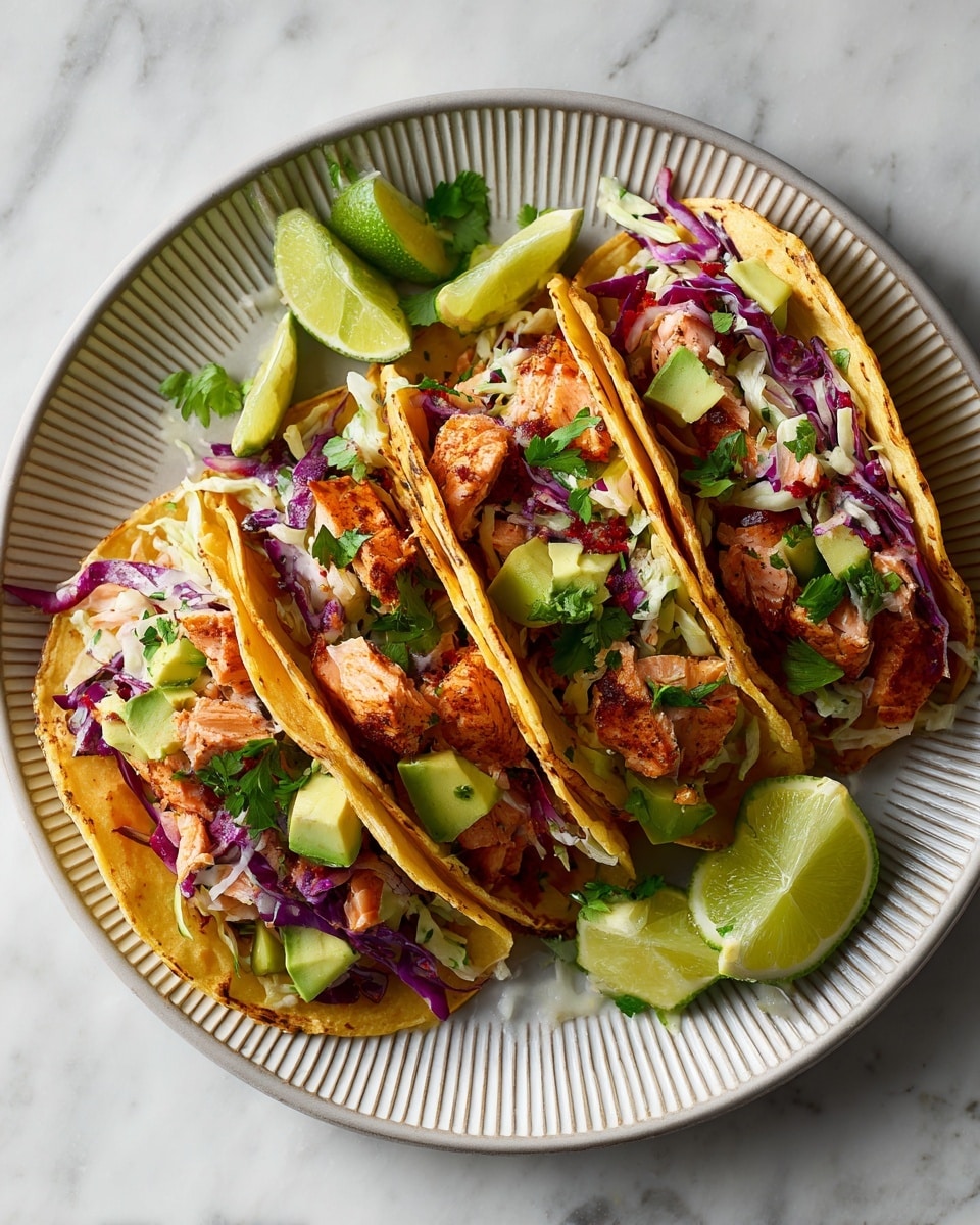 Five soft corn tortillas are arranged on a large white plate with a ridged edge, placed on a white marbled surface. Each tortilla is folded and filled with three layers: at the bottom, a mix of finely shredded purple and white cabbage, then pieces of cooked seasoned salmon with a golden-brown crust, and on top, diced green avocado cubes and chopped fresh cilantro. Around the plate, there are lime wedges and sprigs of cilantro scattered for decoration. The overall colors are warm and fresh, with greens, purples, and golden brown tones. photo taken with an iphone --ar 4:5 --v 7