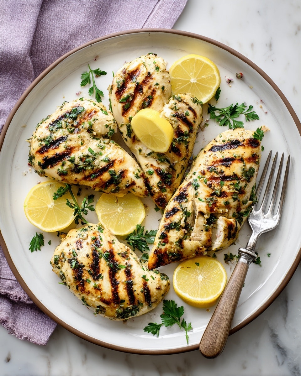 A white oval plate holds four grilled chicken pieces arranged in a slightly overlapping pattern. Each piece has visible dark brown grill marks on a golden-brown, slightly greenish surface from herbs. Bright yellow lemon wedges are placed around the chicken on the plate, along with fresh green parsley leaves scattered on top and around the chicken. A silver fork with a wooden handle rests on the right edge of the plate. The plate is set on a white marbled surface, and a small glass bowl of chopped green herbs is visible in the top right corner. photo taken with an iphone --ar 4:5 --v 7