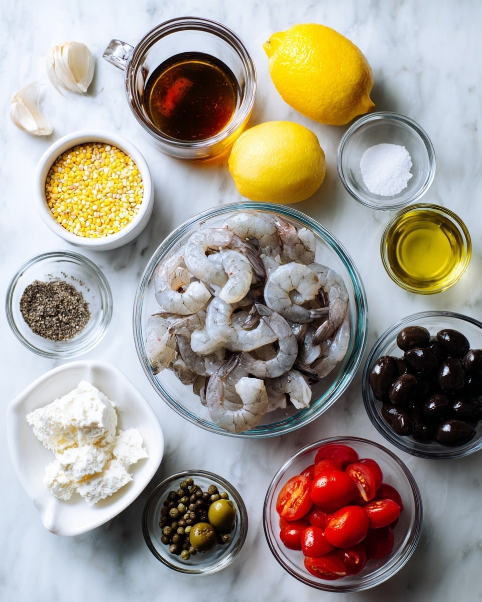 The image shows several clear glass bowls and a white bowl with fresh cooking ingredients arranged on a white marbled surface. In the center, a large clear glass bowl holds peeled shrimp with light gray shells and white bodies. To the left, a white bowl is filled with small yellow grains or seeds, and near it is a small clear bowl with white crumbly cheese. On the top, a clear glass container holds brown liquid, possibly broth, and beside it is a whole bright yellow lemon. On the right side, a small clear bowl contains black olives, and another clear bowl holds bright red cherry tomatoes. A tiny clear bowl has white salt and black pepper, while another small clear bowl has green capers. There are also three garlic cloves and a small glass of light golden oil. The setup is clean and well lit with a soft natural light, focused on the fresh ingredients. Photo taken with an iphone --ar 4:5 --v 7