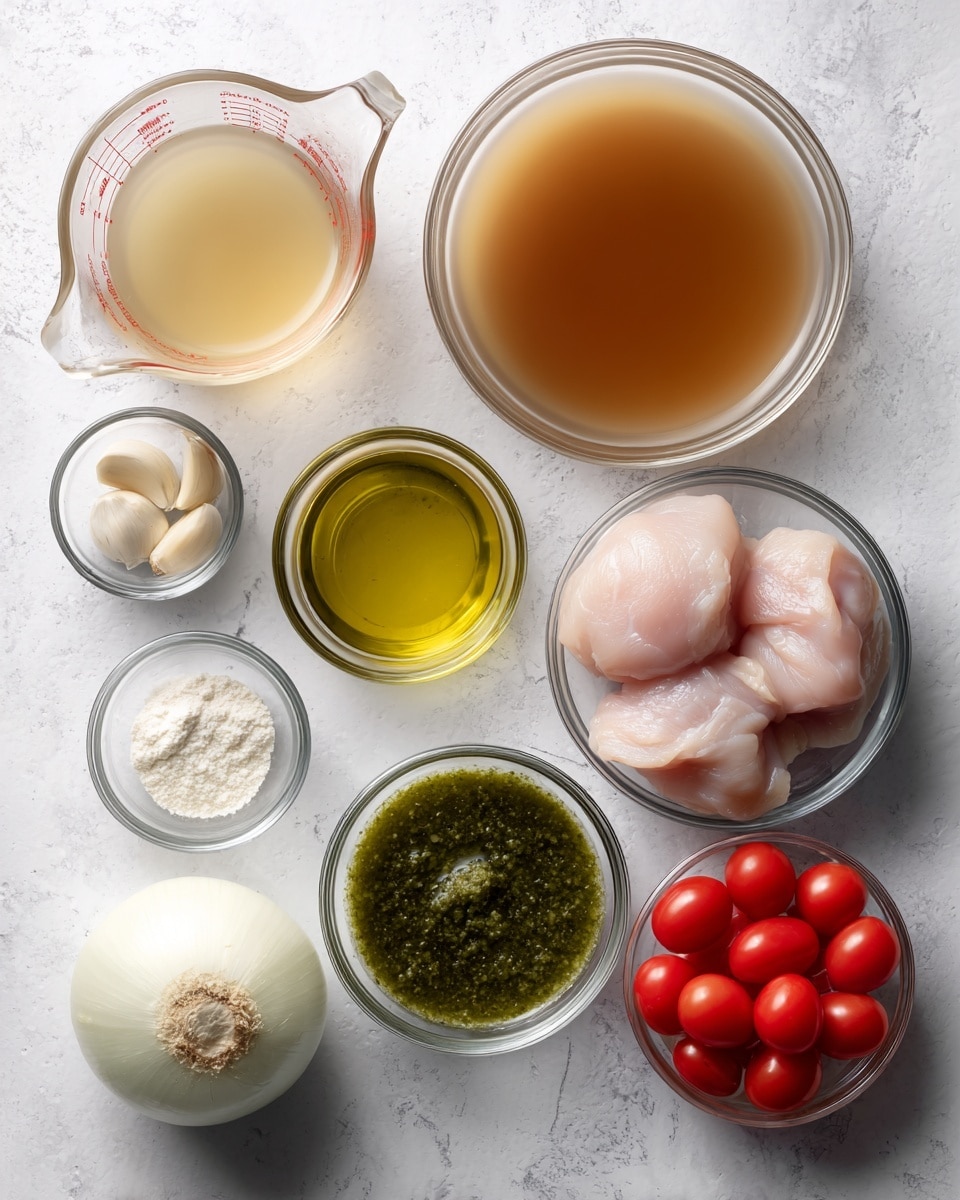 The image shows an overhead view of various cooking ingredients placed on a white marbled surface. Starting from the top left, there is a glass measuring cup with a translucent liquid, next to a small clear bowl holding three cloves of garlic. Below this, a larger glass measuring cup contains a light brown broth. To the right of the broth, a small clear bowl holds olive oil, and further right, a larger clear bowl contains two raw chicken pieces with a light pink color. Below the olive oil, a small clear bowl is filled with green pesto sauce. Next to it, a white onion with a smooth surface is placed beside a clear bowl of white flour. Finally, to the far right, a small clear bowl holds bright red cherry tomatoes. Photo taken with an iphone --ar 4:5 --v 7