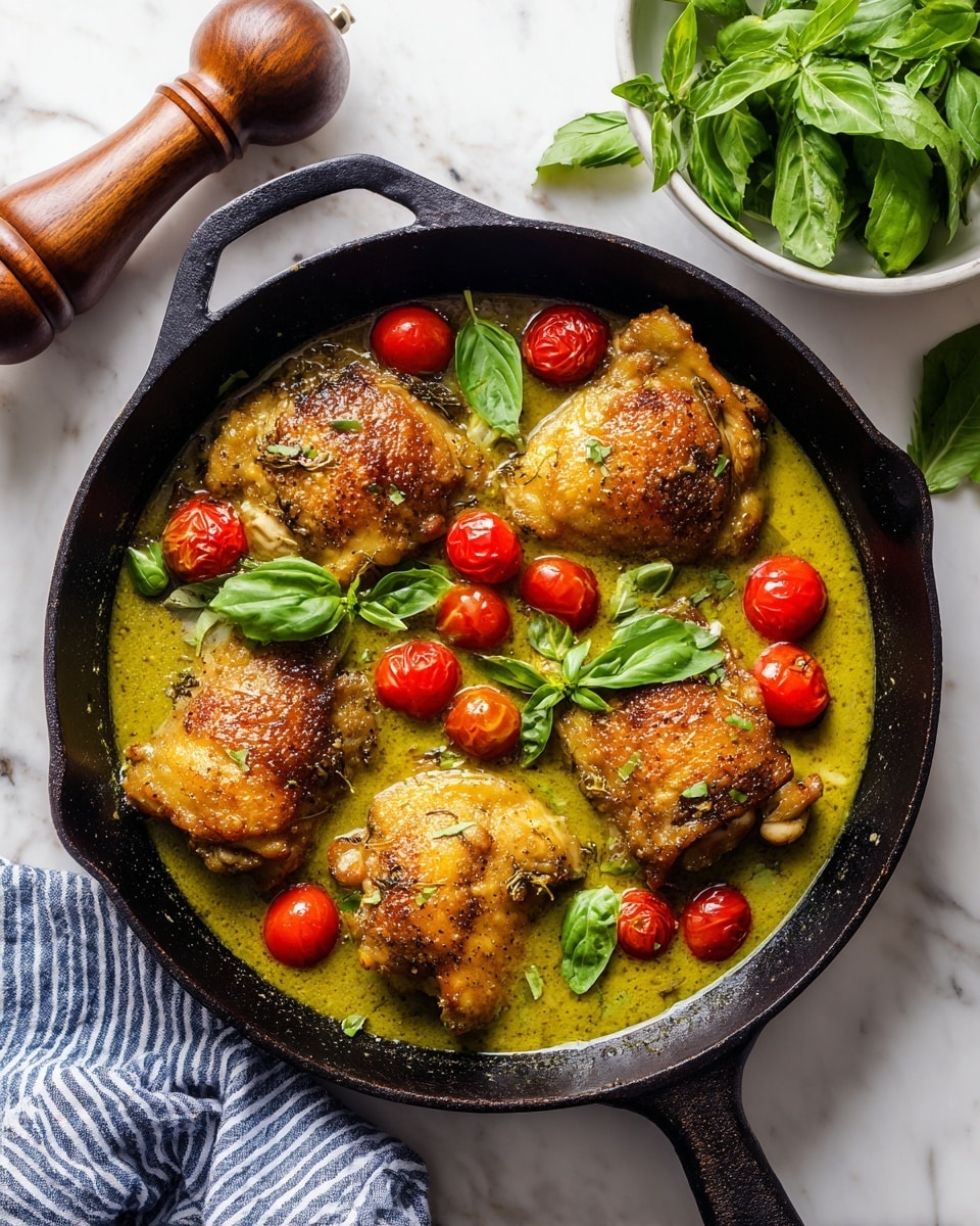 A black pan holds four golden-brown cooked chicken pieces placed on a thick green sauce that covers the bottom of the pan. Scattered bright red cherry tomatoes and fresh green basil leaves are layered on top and around the chicken, adding pops of color and freshness. The pan sits on a white marbled surface with a wooden pepper grinder nearby and a beige bowl filled with more green basil leaves in the upper right corner. A blue and white striped cloth is partially visible under the pan's handle. photo taken with an iphone --ar 4:5 --v 7