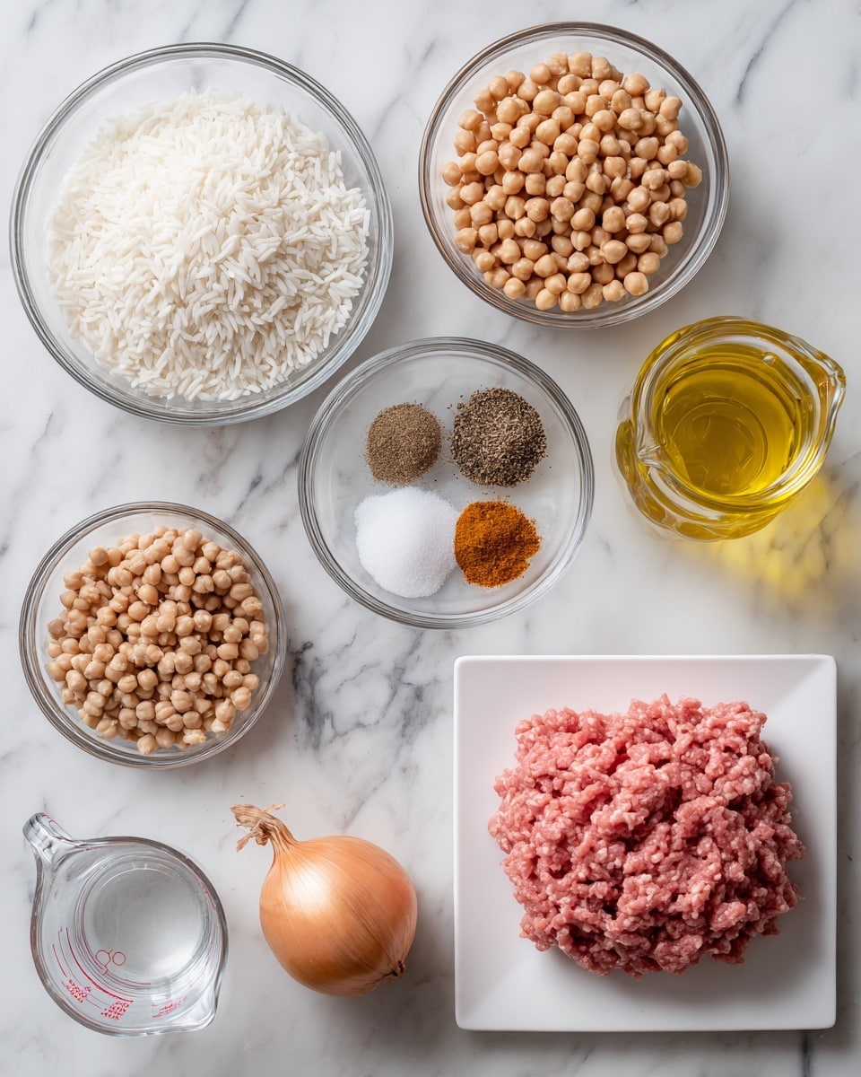 The image shows seven ingredients laid out on a white marbled surface. On the left side, there is a clear glass bowl filled with uncooked white rice, and next to it is a similar bowl filled with light brown chickpeas. Above these bowls is a smaller clear glass bowl holding four different spices separated into small sections: ground brown spice, black pepper, white salt, and a small amount of cinnamon-colored powder. To the right is a small glass bottle with yellow olive oil. Below the chickpeas bowl is a golden-brown whole onion, and next to it is a clear measuring cup with water inside. On the right side, a large white square plate holds a pink mound of raw ground meat spread flat. All items are neatly arranged in a well-lit setting. photo taken with an iphone --ar 4:5 --v 7