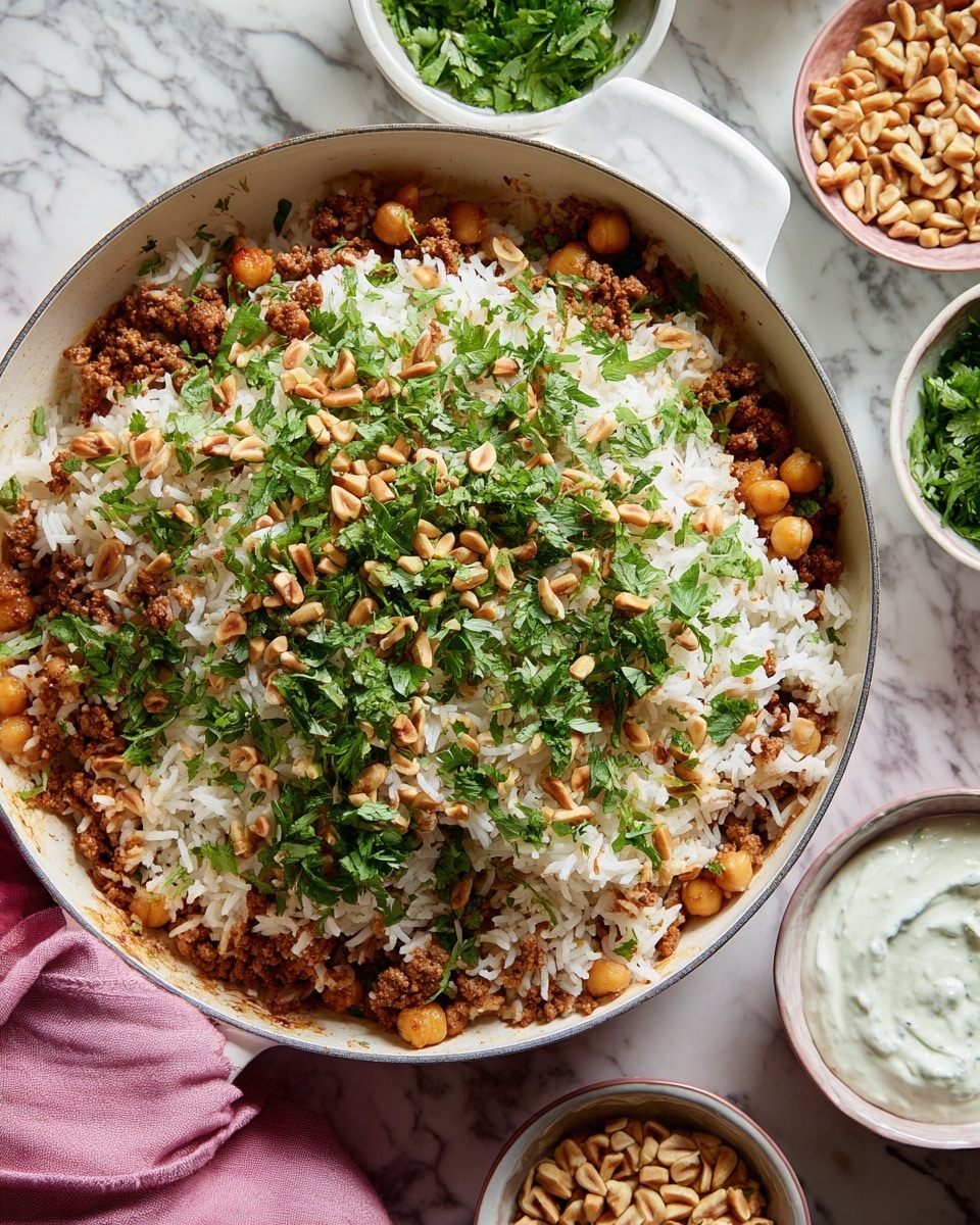 A large white pan filled with a dish made of mixed layers of white rice, brown ground meat, and beige chickpeas, all evenly spread and topped with chopped green herbs and small toasted pine nuts. The pan is placed on a white marbled surface, accompanied by small white bowls containing chopped herbs, pine nuts, and a creamy white sauce. A pink cloth with white stripes is partially visible under the pan. photo taken with an iphone --ar 4:5 --v 7