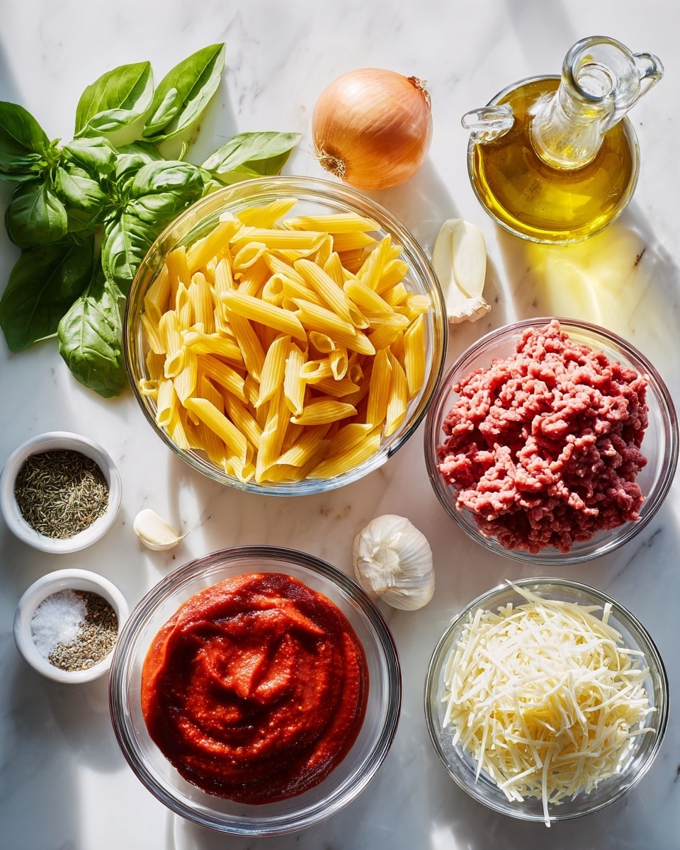 The image shows several clear glass bowls and ingredients arranged on a white marbled surface. There are seven main components: a bowl of uncooked yellow penne pasta centered in the image; to the right, a bowl with raw ground meat colored in pinkish-red; below it, a smaller bowl filled with shredded white cheese. To the bottom left, a bowl holds thick red tomato sauce, and above it, a small bowl of dried herbs is seen. Next to that is a small bowl containing salt and ground pepper, with a clear glass bottle filled with yellow olive oil nearby. At the top, a few fresh green basil leaves sit beside two peeled cloves of garlic and a whole yellow onion near the bottom-center. The lighting is bright, enhancing the natural colors of the ingredients, and the whole scene looks clean and organized. photo taken with an iphone --ar 4:5 --v 7