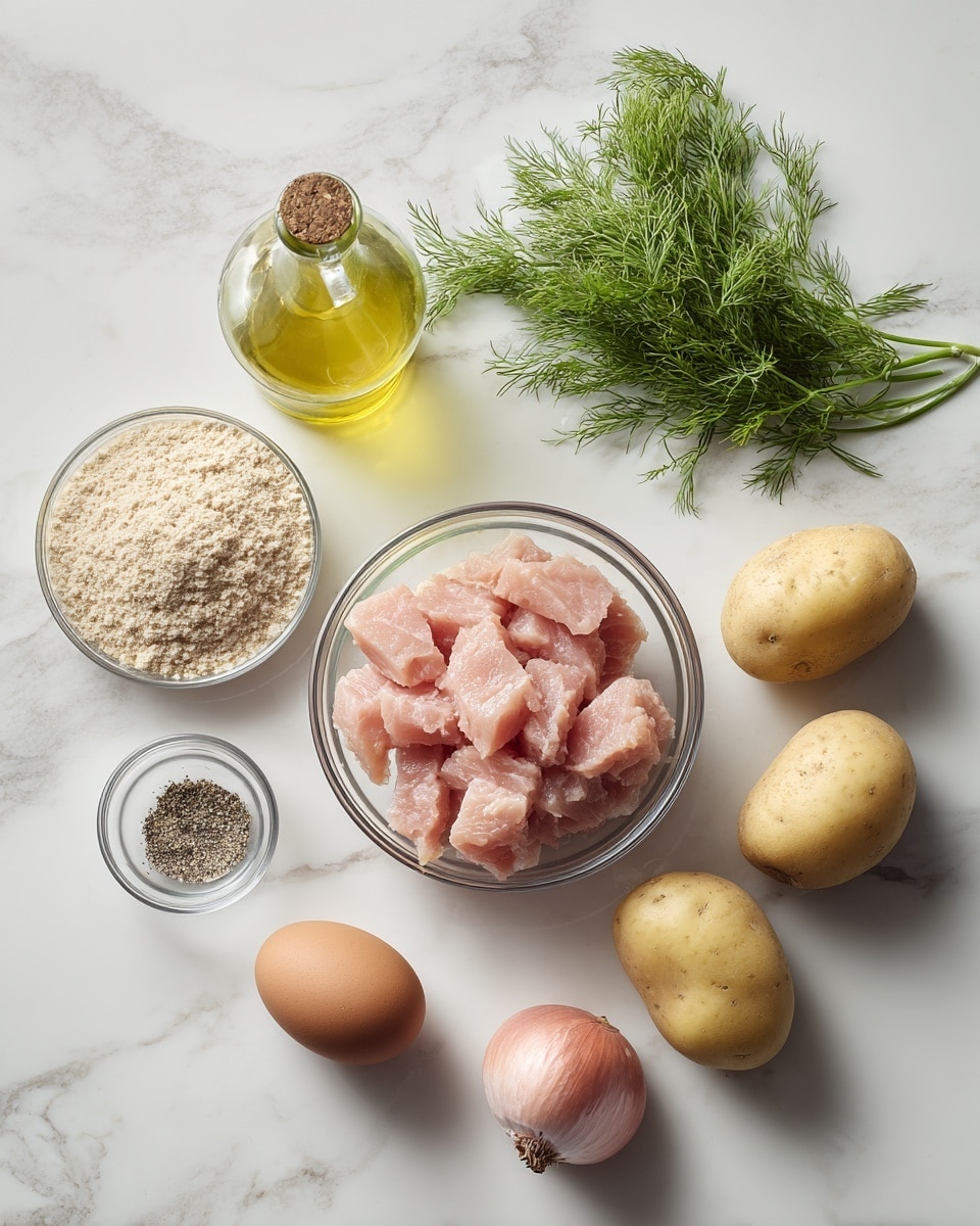 The image shows a white marbled surface with several cooking ingredients arranged neatly. In the center, there is a clear glass bowl filled with light pink chunks of tuna. To its left, there is a round clear glass bowl containing pale beige breadcrumbs. Above that bowl is a small bottle with yellow olive oil inside. Next to the bottle is a bunch of fresh green dill sprigs. To the right of the tuna bowl, there is a single brown egg, and below the egg are three light brown potatoes placed close together. Below the potatoes is a small, smooth shallot with a pinkish-brown skin. Finally, above the potatoes and egg, there is a small clear glass bowl with ground black pepper. The ingredients are spaced out and well lit, with soft shadows. Photo taken with an iphone --ar 4:5 --v 7
