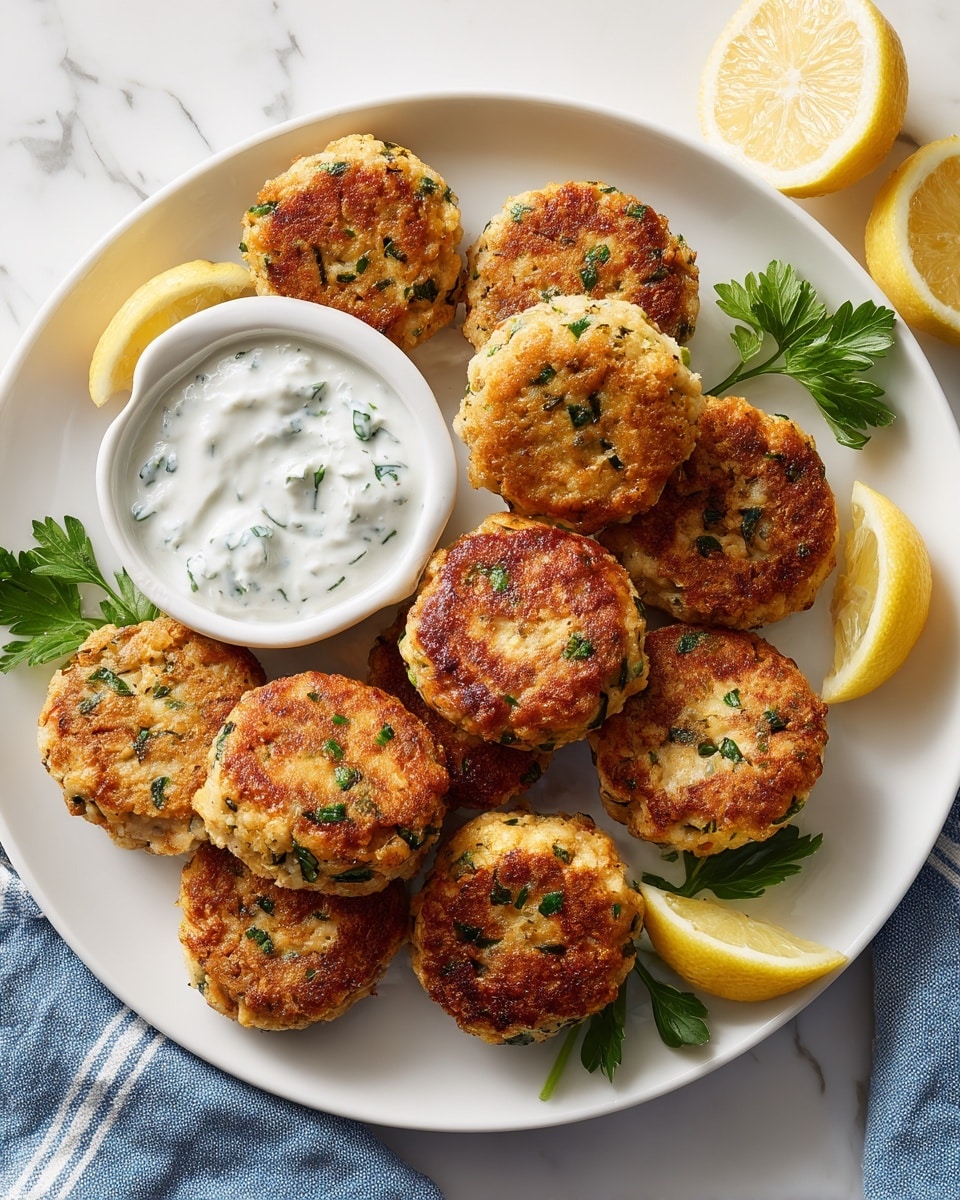 A white plate holds a neat pile of golden-brown round patties with a crispy breadcrumb topping, speckled with small bits of green herbs. The patties are layered mostly in two overlapping rows, showing their crunchy texture. A small white bowl with a creamy white sauce flecked with green herbs sits at the bottom center of the plate. Three yellow lemon wedges are placed on the right side of the plate and one wedge is on the left. Fresh green parsley leaves are scattered around the patties and plate edges. All this sits on a white marbled surface with part of a blue and white striped cloth visible in the lower right corner. photo taken with an iphone --ar 4:5 --v 7