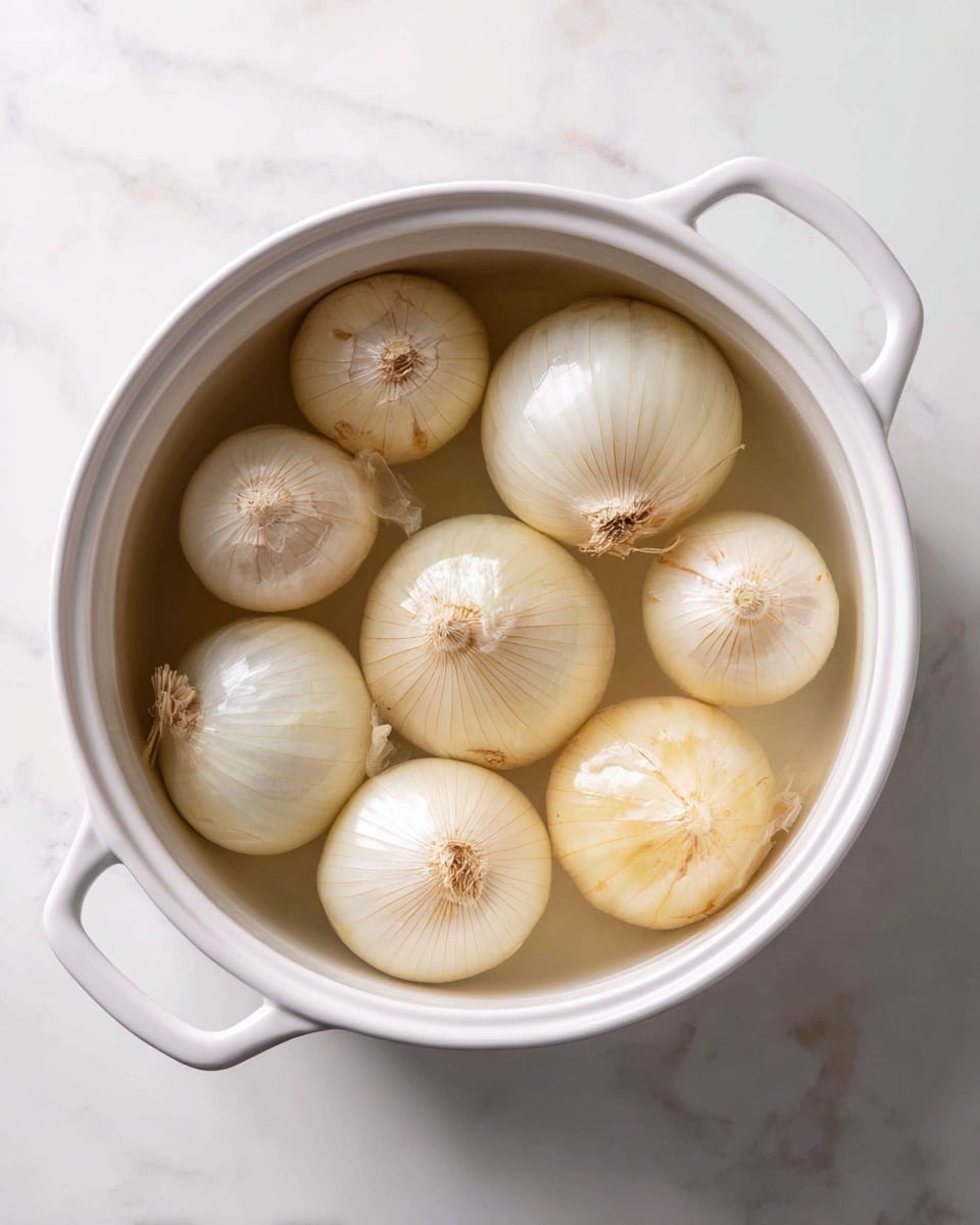 A white pot filled with several whole white onions, some with small cuts on their surface, all submerged in clear water. The onions show layers from their smooth outer skins to inner rings, with pale yellow and cream shades visible through the water. The pot has two white handles and sits on a white marbled surface. Photo taken with an iphone --ar 4:5 --v 7