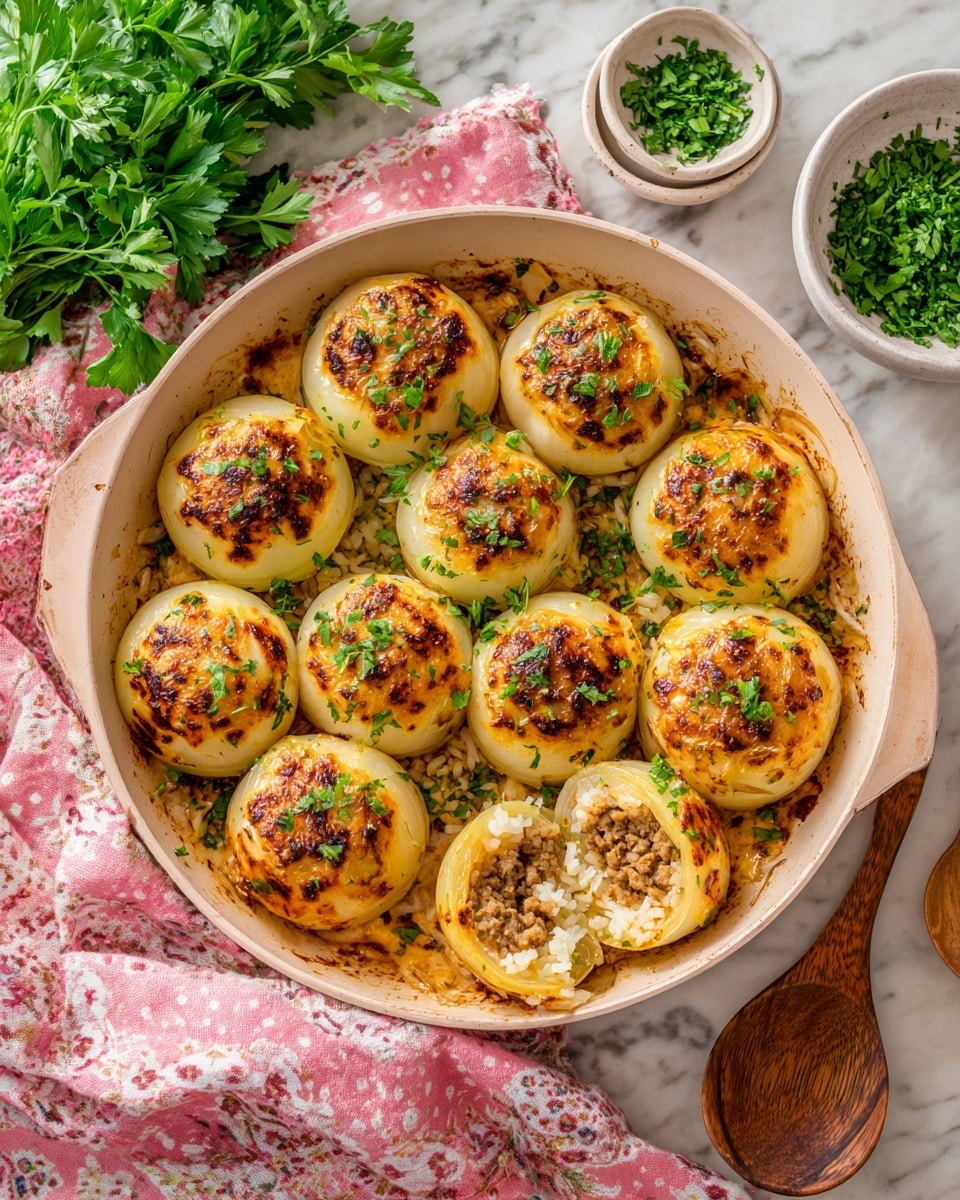 The image shows a round white pan filled with about twenty golden-brown stuffed onions arranged closely together. Each onion is baked with a slightly shiny, soft outer layer, some with small browned spots. One onion is open, revealing a filling of cooked rice mixed with minced meat inside. Small bits of fresh green parsley are sprinkled over all the onions, adding a pop of color. The pan sits on a white marbled surface with a bunch of fresh parsley to the top left, a small white bowl filled with chopped parsley to the top right, a wooden spoon to the right, and a pink patterned cloth partially seen on the bottom left. Photo taken with an iphone --ar 4:5 --v 7