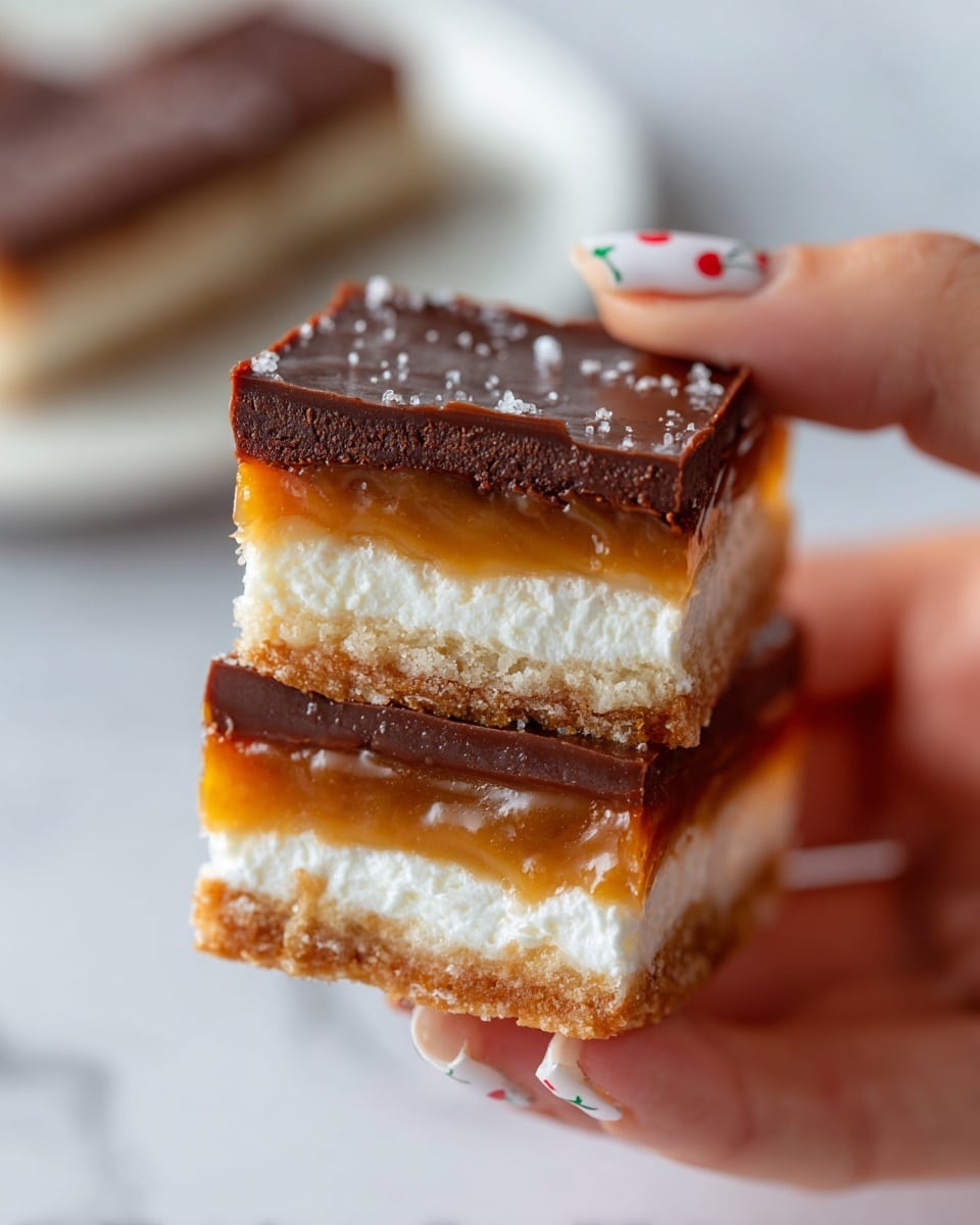 A close-up shows a woman's hand holding two halves of a treat with three visible layers: the outer layer is a thick, dark brown chocolate coating, inside it is a golden brown caramel layer, and the center is filled with soft, white marshmallow cream. The background is a white marbled surface with a white plate holding a similar chocolate treat, all resting on a blurred wooden checkerboard. The woman's nails are painted with white polish and small red cherry designs. Photo taken with an iphone --ar 4:5 --v 7