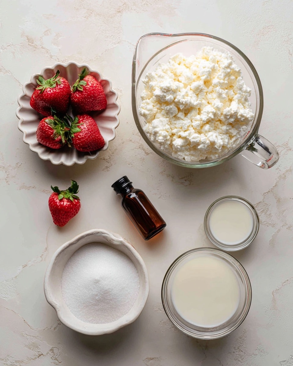 The image shows a close-up view of a single container filled with two layers: the bottom layer is smooth, light pink creamy ice cream or yogurt spread evenly inside the container, and the top layer is a small pile of fresh, bright red strawberry pieces scattered in the center. The container itself is clear plastic, and the background has a white marbled texture. photo taken with an iphone --ar 4:5 --v 7