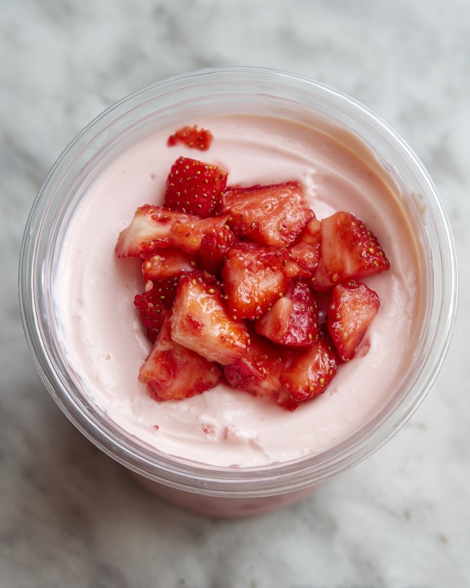 A white bowl filled with fresh red strawberries with green leaves sits on the left, next to a small white bowl containing white sugar below it. To the right, there are two clear measuring cups, one filled with white cottage cheese on top and another with a smaller amount of milk below. A small dark brown bottle of vanilla extract with a black lid is placed between the strawberries and the measuring cups, all arranged on a white marbled surface. photo taken with an iphone --ar 4:5 --v 7
