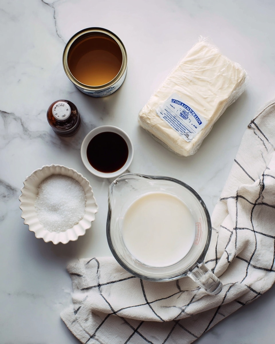 The image shows several baking ingredients arranged on a white marbled surface. At the center-right is a clear measuring cup filled with white liquid, likely milk or cream. Next to it, a wrapped block of cream cheese with a white and blue label lies flat. Above the cream cheese, there is a small brown bottle, probably vanilla extract. On the top-left side, an open can with light brown, smooth liquid is visible. Below the can, there is a small white scalloped bowl containing white granulated salt. A white cloth with black grid lines is partially spread on the surface below these items. photo taken with an iphone --ar 4:5 --v 7
