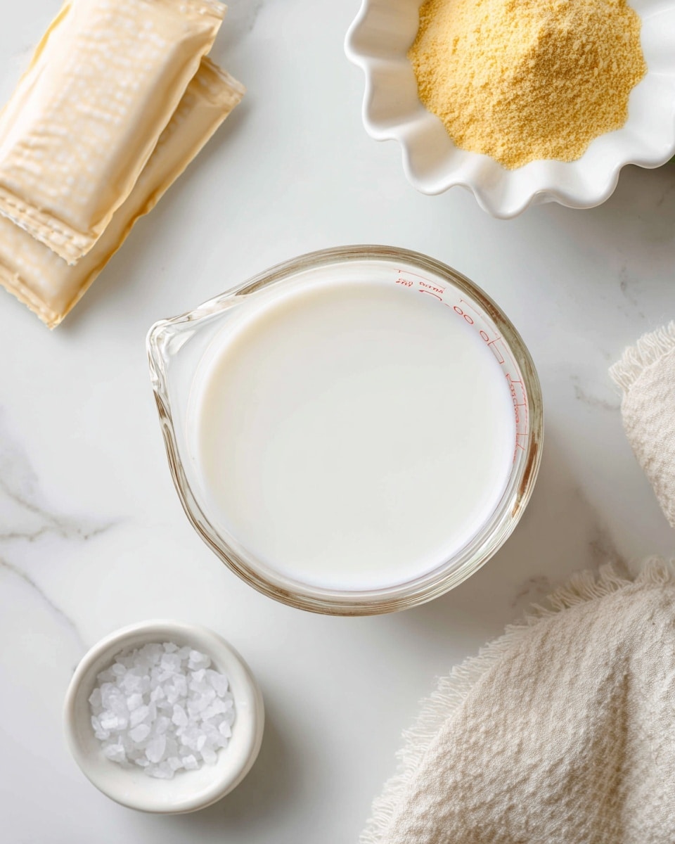 The image shows a glass measuring cup filled with white milk placed on a white marbled surface. To the right, there is a white scalloped bowl holding a yellow powder, likely a protein mix or similar ingredient. Below it is a small white bowl containing a small amount of white salt or sugar crystals. On the left side, two creamy beige and white protein bar wrappers lay side by side. In the top right corner, part of a beige textured cloth is visible. The scene is bright and simple, with a calm and clean feel. photo taken with an iphone --ar 4:5 --v 7