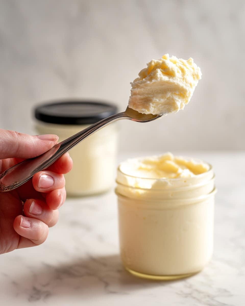 A close-up view shows a woman's hand holding a silver spoon with a large scoop of creamy, off-white butter. Behind the spoon, there is a clear glass jar filled with the same creamy butter texture, and its black lid rests nearby. The setting features a white marbled surface, and a soft beige cloth is partially visible at the side. The overall scene has a soft, natural light look, emphasizing the smooth and thick texture of the butter photo taken with an iphone --ar 4:5 --v 7