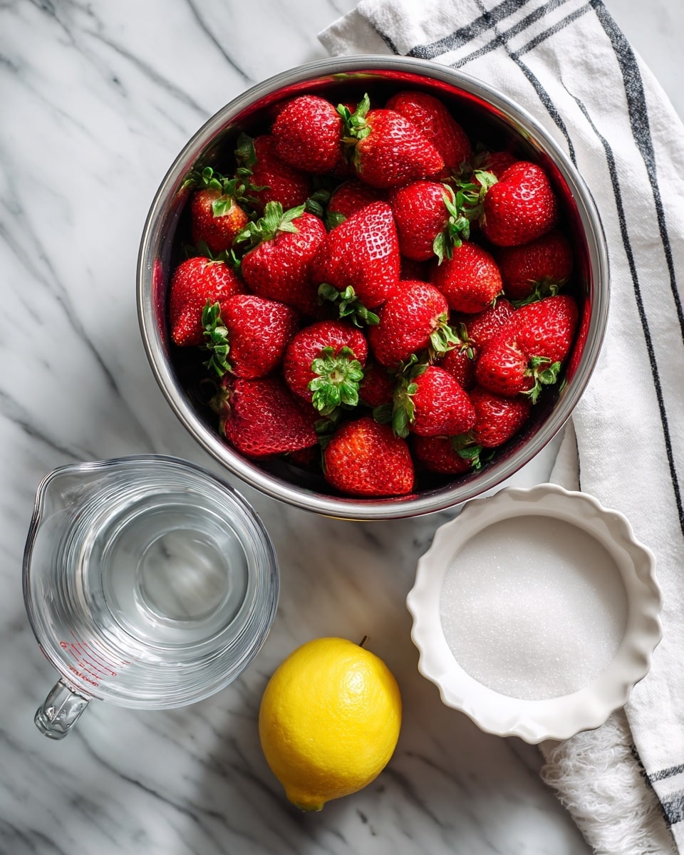 The image shows a large steel bowl filled with many red strawberries with green leaves on top, placed at the upper center. Below it, there is a clear glass measuring cup filled with water on the left side. To the right of the water, there is a small white bowl full of white sugar with a scalloped edge. At the bottom center, there is a bright yellow lemon. The items are all placed on a white marbled surface, and a white cloth with black stripes is folded at the top right corner. Photo taken with an iphone --ar 4:5 --v 7