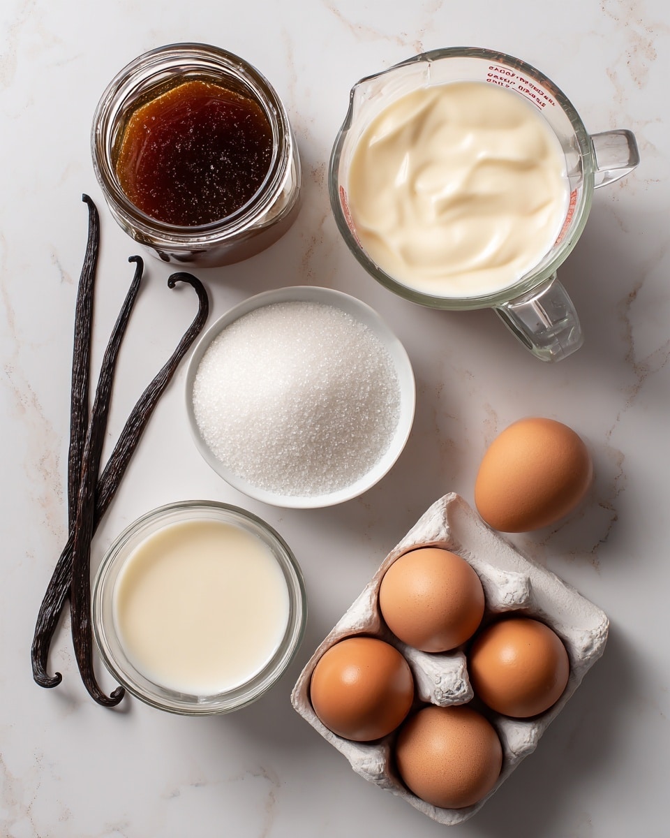 The image shows a white marbled surface with several cooking ingredients arranged neatly. There are two glass measuring cups filled with creamy white liquid, one positioned near the top center and the other at the right side. A small white bowl holds a pile of white granulated sugar in the center-left. To the left of the sugar bowl, there are two long dark brown vanilla pods crossing each other. Above the sugar bowl, an open glass jar contains a dark brown sticky substance with some residue on the jar’s sides. At the bottom right, six brown eggs rest in a white egg tray, showing different shades of brown. The setup is clean and simple, highlighting the ingredients clearly. photo taken with an iphone --ar 4:5 --v 7