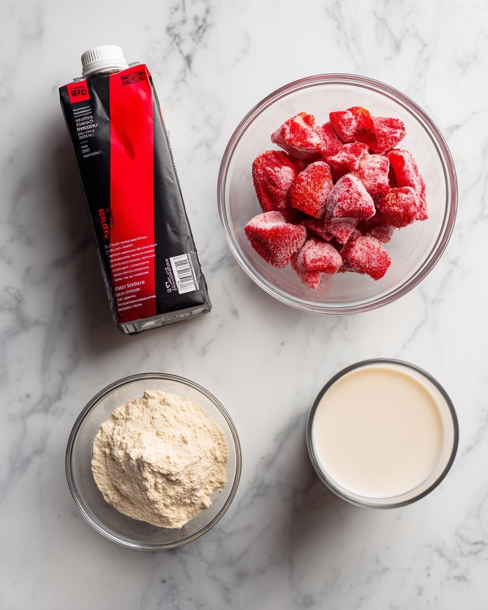 The image shows four items placed on a white marbled surface: a carton of protein shake with a red and black label positioned on the left, a small clear glass bowl filled with frozen strawberries with a frosty texture at the top right, a small clear bowl containing light beige instant pudding powder below the strawberries, and a small clear glass of white milk to the right of the pudding bowl. photo taken with an iphone --ar 4:5 --v 7