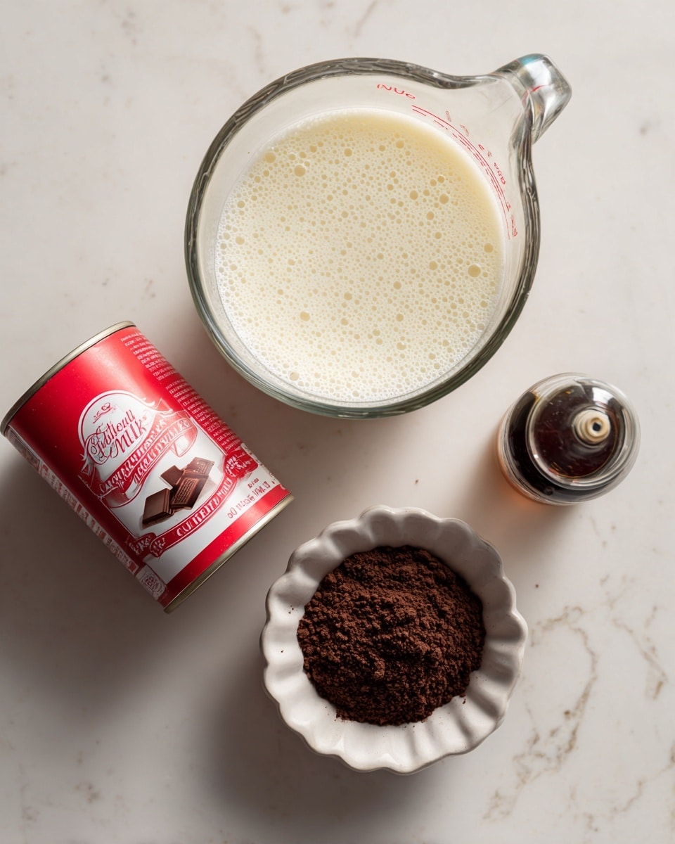 The image shows four main items on a white marbled surface. At the top is a clear glass measuring cup filled with light cream-colored heavy cream, showing tiny bubbles on its smooth surface. Below and slightly to the left is a red can of sweetened condensed milk with chocolate pieces on the label, lying on its side. To the right of the can is a small white bowl with scalloped edges, filled with dark brown instant coffee powder that has a dry, crumbly texture. Near the bottom right corner, there is a small bottle of vanilla extract with a dark brown liquid inside. The overall arrangement is neat and spaced out, with soft natural lighting highlighting the textures and colors of each item. photo taken with an iphone --ar 4:5 --v 7