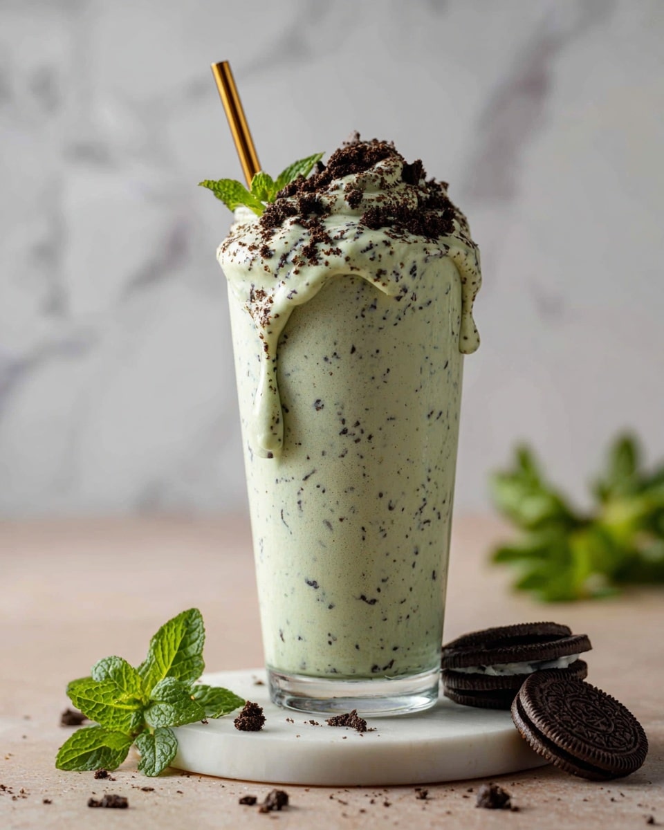 The image shows a tall glass filled with a light green, creamy shake that has small dark specks throughout, with some of the shake dripping down the outside of the glass near the top. The shake is topped with crushed dark cookie pieces, adding a textured layer on top. A long thin gold spoon is placed inside the glass, leaning slightly to the side. The glass sits on a small white marbled square coaster, and in the foreground, there are some fresh green mint leaves and two dark sandwich cookies. The background is a soft, blurred light tone. Photo taken with an iphone --ar 4:5 --v 7