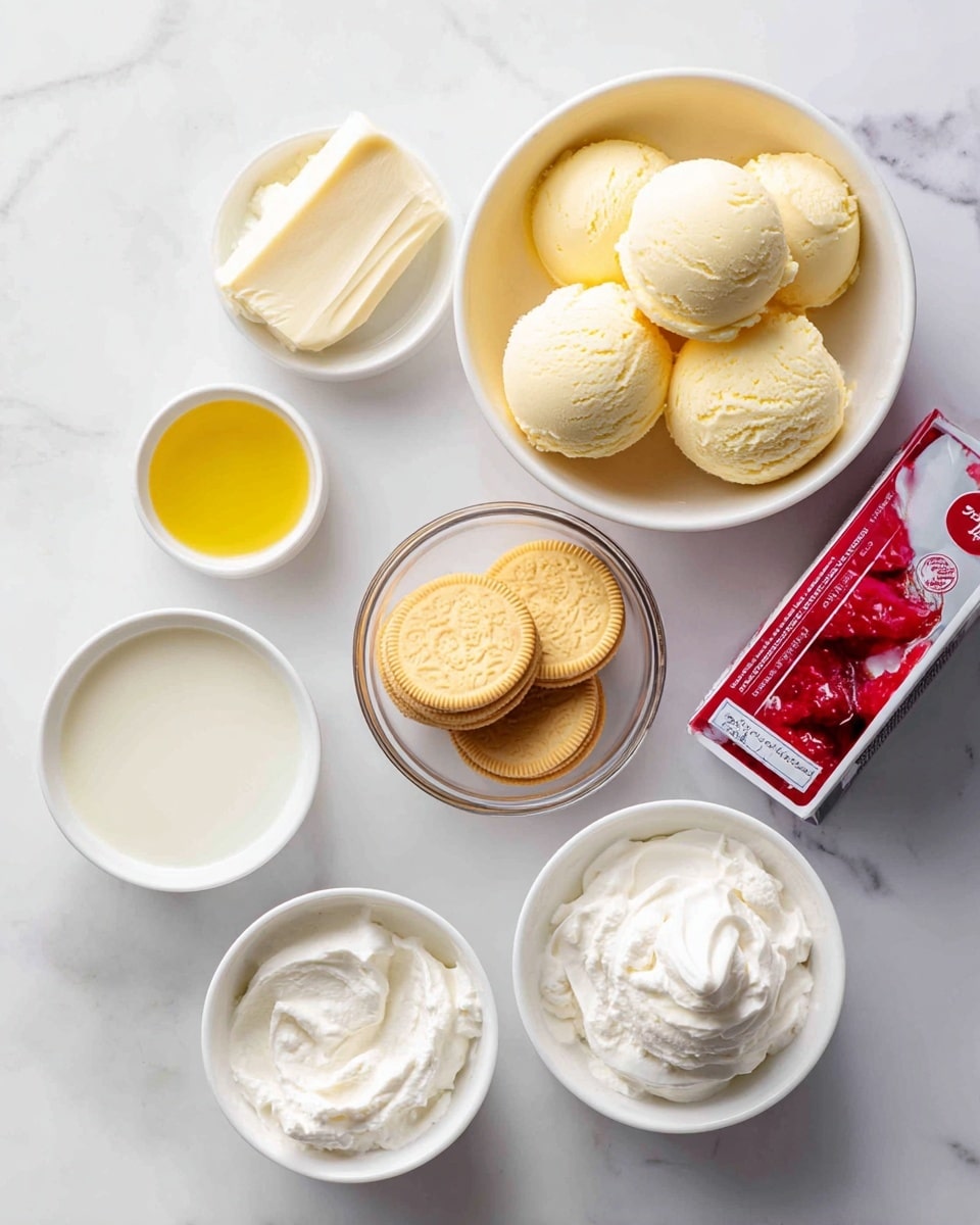 The image shows six white bowls and a strawberry Jell-O box arranged on a white marbled surface. At the top right, a white bowl holds five scoops of creamy yellow vanilla ice cream with smooth and slightly melting texture. Below it, a clear glass bowl contains several whole golden Oreos stacked and spread around. To the left, a small white bowl is filled with melted butter that looks shiny and yellow. Below it, another white bowl holds a small amount of milk with a smooth, white liquid surface. To the right, a white bowl contains fluffy scoops of cool whip with a soft, textured look. The strawberry Jell-O box is positioned at the center right, showing bright red jelly on the packaging photo. photo taken with an iphone --ar 4:5 --v 7