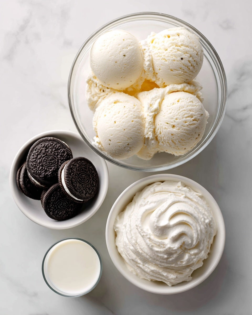 The image shows four bowls and a glass on a white marbled surface. In a clear bowl at the top center, there are six large scoops of vanilla ice cream with a smooth, creamy texture and pale white color with small vanilla bean specks. Below to the right, a white bowl holds a fluffy, thick layer of pure white cool whip with a soft and airy texture. To the left of it, another white bowl has about seven whole Oreo cookies stacked naturally, their dark black color sharply contrasting with their white cream filling visible along the edges. Between these bowls, there is a clear glass filled halfway with white milk. The arrangement is neat and spaced, showing each ingredient clearly. photo taken with an iphone --ar 4:5 --v 7