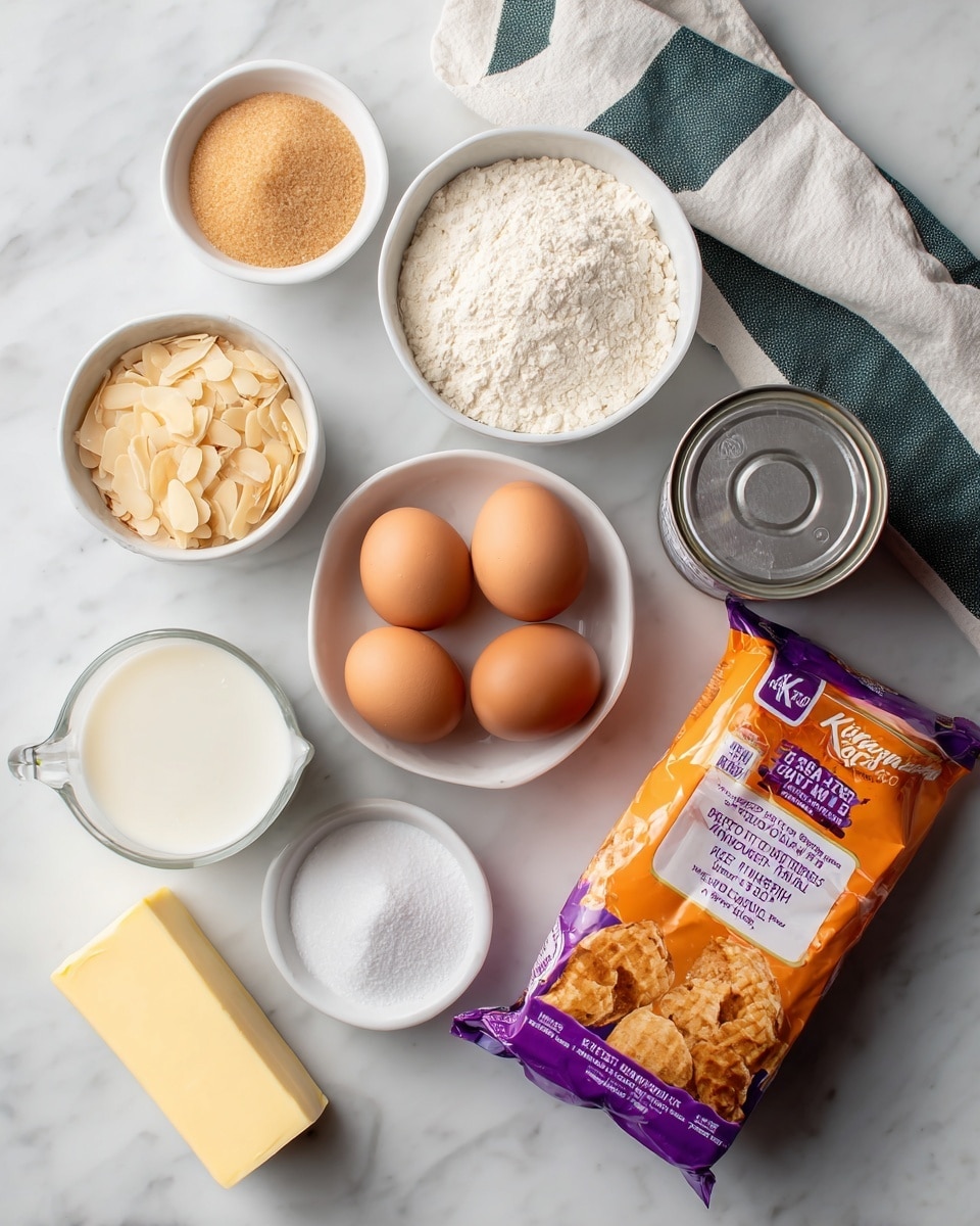 A flat lay of baking ingredients arranged on a white marbled surface includes four brown eggs in the center, a small white bowl of light brown sugar at the top left, and another white bowl with sliced almonds beneath it. Next to the eggs on the right is an open can filled with white coconut milk and a small white bowl of white sugar. A stick of yellow butter sits near the bottom left beside a clear glass measuring cup with white milk. There is a small purple bottle of ube food coloring between the almonds and eggs, and on the far right is an orange and purple package of King's Hawaiian ube coconut rolls. A white cloth with dark green stripes is folded in the top right corner. Photo taken with an iphone --ar 4:5 --v 7