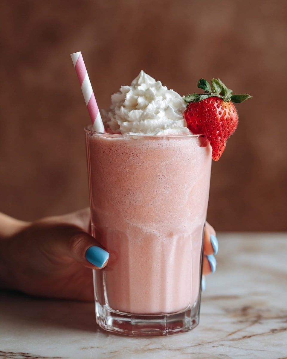 A clear glass filled with a thick, smooth pink strawberry smoothie, topped with a dollop of white whipped cream and a fresh half strawberry with green leaves placed on top; a pink and white striped straw sticks out from the whipped cream; a woman's hand with light blue nail polish holds the glass from the side against a blurred brown background on a white marbled surface photo taken with an iphone --ar 4:5 --v 7