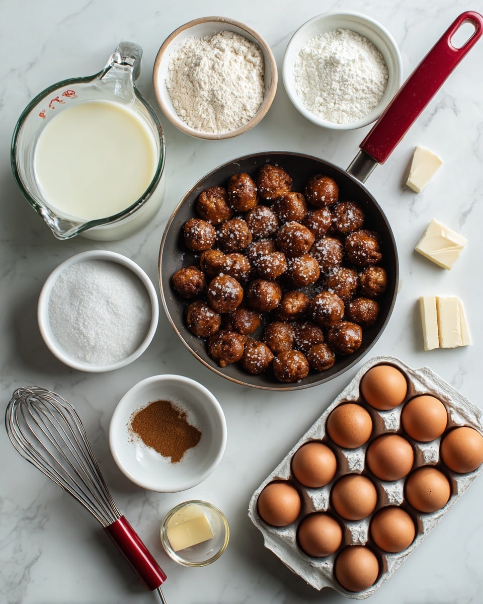 The image shows a flat layout of cooking ingredients on a white marbled surface. At the top right, there is a round pan filled with small, browned pretzel bites sprinkled with coarse salt, each piece having a rich dark brown crust and lighter soft inside. To the left of the pan, there is a glass measuring cup filled with milk and below it a white bowl with cream. Near the center, there is a small white bowl filled with granulated sugar, with a small white dish containing brown cinnamon powder and a pinch of white salt close by. At the bottom left, there is a partially opened stick of butter on white wrapper next to a red whisk. To the right, a white container holds a dozen brown eggs arranged in two rows. photo taken with an iphone --ar 4:5 --v 7