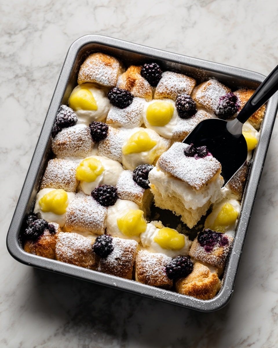 The image shows a close-up of a baked dessert in a gray pan. The dessert has one main thick layer of golden brown dough with a soft texture, topped with small dollops of smooth yellow cream scattered evenly. Over the dough pieces, there is a light dusting of white powdered sugar. On top of the cream dots, there are fresh blackberries placed at several spots creating a nice contrast in color. A spatula is lifting one square piece from the pan, showing the thickness and soft crumb of the dough layer underneath. The background is a white marbled texture photo taken with an iphone --ar 4:5 --v 7