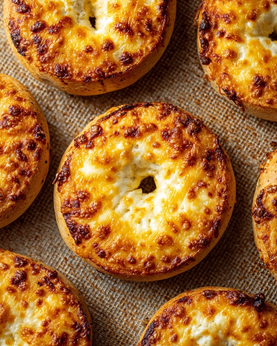 The image shows several round bagels on a baking tray with a textured surface. One bagel in the center has a smooth, golden-brown crust with a small hole in the middle and a slightly shiny texture. Surrounding it are other bagels topped with melted, crispy cheese that is golden and slightly browned in spots. The bagels have a soft, light texture, with the cheese adding a rough, bubbly layer on top. The background surface is a white marbled texture. photo taken with an iphone --ar 4:5 --v 7