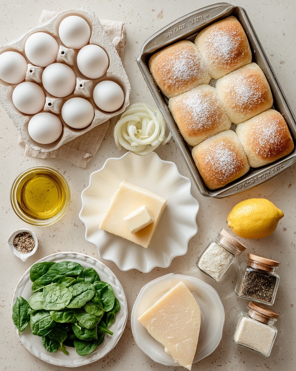 The image shows a flat lay of cooking ingredients arranged on a beige surface, changed to white marbled texture. At the top right, there is a baking tray with four square bread rolls that are golden brown with a dusting of flour on top. Below the tray, a white scalloped plate holds three thick slices of pale yellow butter stacked slightly overlapping. To the left, a white ceramic carton filled with a dozen white eggs is set near the top left corner. At the bottom right, another white scalloped plate holds a block of hard cheese with a pale golden crust and fresh green spinach leaves beside it. A whole bright yellow lemon sits near the center next to a glass jug with olive oil at the bottom. Small white bowls contain sliced dried onions and a creamy white ingredient. Two small clear jars with wooden lids labeled