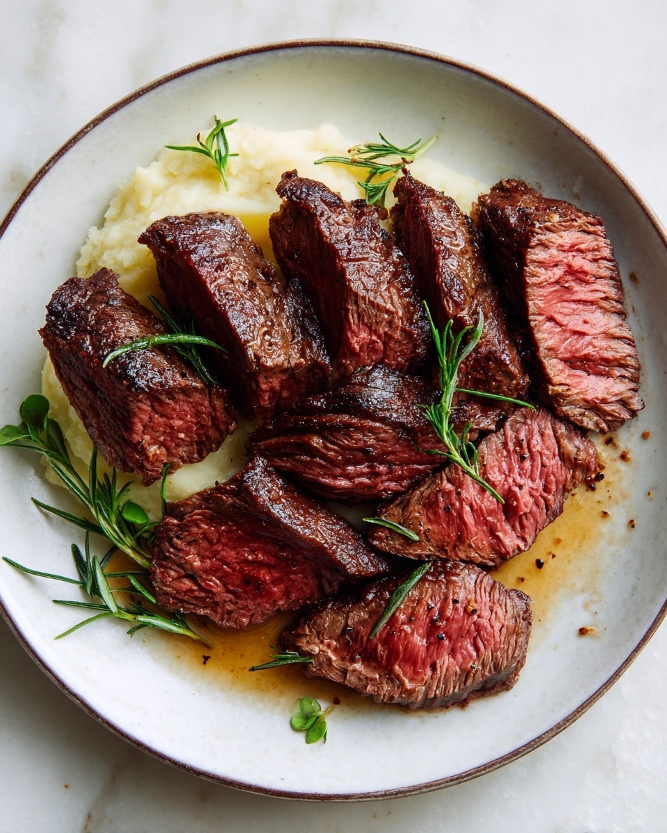 A white plate with a thin dark rim holds several slices of cooked steak, showing a pinkish-red center with a brown outer edge, indicating medium doneness. The steak slices are arranged in a slight pile on one side of the plate, with a small amount of light brown juices pooled nearby. Green herb sprigs, likely thyme, are placed on and around the meat for garnish. In the background, beyond the steak, there is a small mound of pale, creamy mashed potatoes. The plate sits on a white marbled surface. Photo taken with an iphone --ar 4:5 --v 7