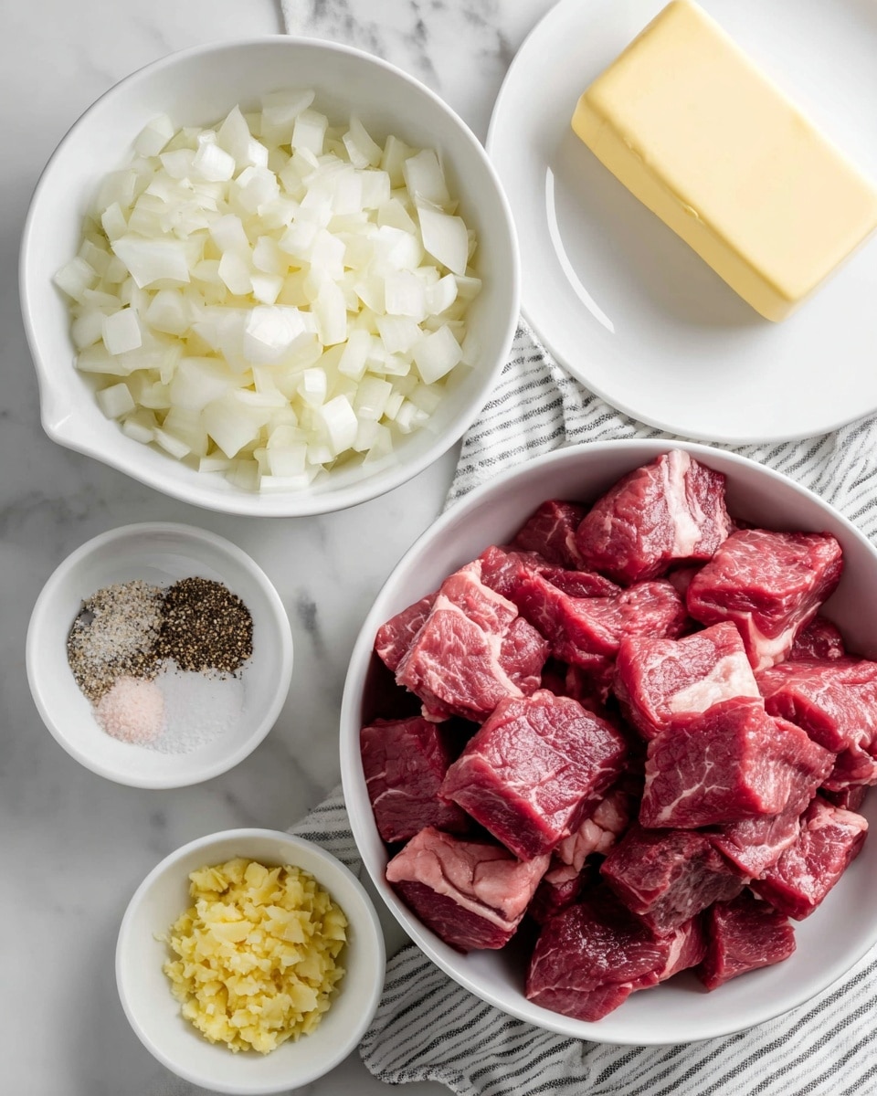 A white bowl filled with cubed raw round steak, showing red and pink tones, is in the front. Above it and to the left is a white bowl with chopped white onions. To the right of the onions, there is a white plate holding a stick of pale yellow butter. Below and between these, a small white bowl contains a mix of black pepper and light pink garlic salt. Next to it on the right, another small white bowl holds a heap of minced garlic in a bright yellow color. All bowls and plates are placed on a white marbled surface with a striped cloth under some items. The scene is bright and clear. Photo taken with an iphone --ar 4:5 --v 7