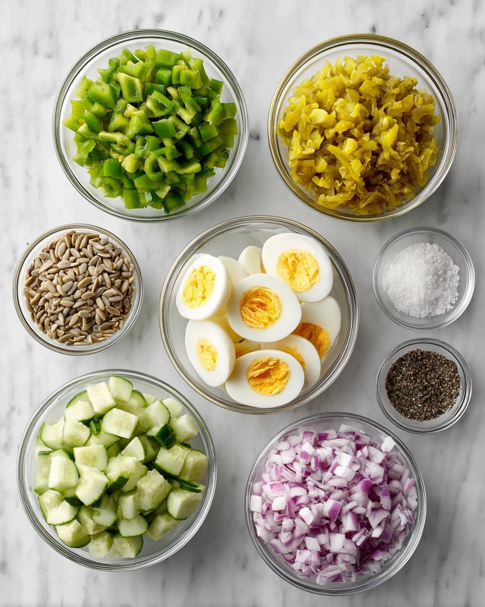 The image shows seven clear glass bowls with different ingredients arranged on a white marbled surface. Starting from the top left, there is a bowl filled with small green bell pepper pieces, next to it on the right is a bowl with chopped yellow pickles. Below the bell pepper is a bowl with chopped boiled eggs showing yellow yolks and white parts. In the center, a bowl holds sunflower seeds, and on the bottom right, there is a bowl with finely chopped red onions. To the left of the onion bowl, there is a bowl of light green cucumber pieces. Lastly, two small bowls on the top right contain salt and black pepper. The image is evenly lit and clear, photo taken with an iphone --ar 4:5 --v 7