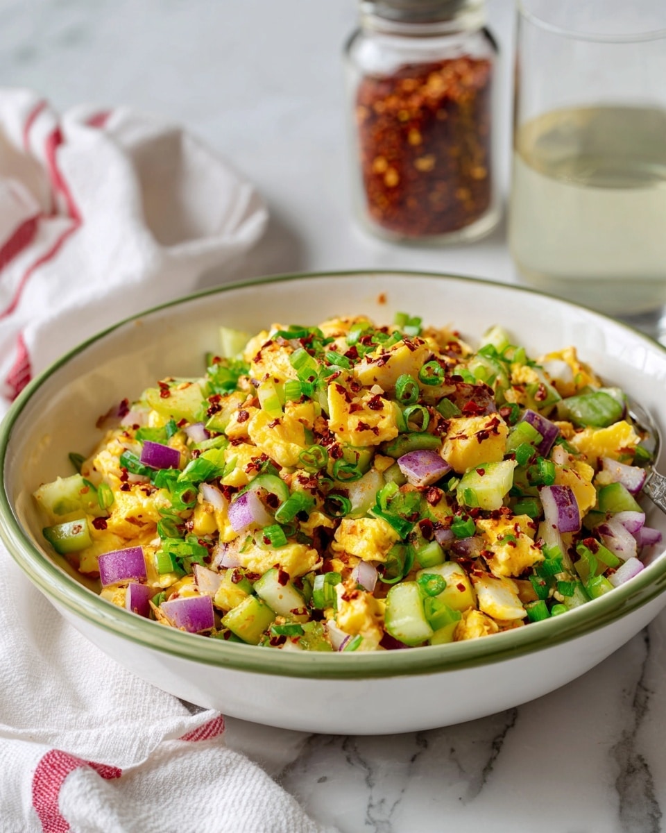 A white bowl with a green rim holds a mixture of finely chopped ingredients, layered closely together. The dish includes small green pieces that look like celery, diced purple-red bits that resemble onions, and white cubes that seem like eggs or tofu, all sprinkled lightly with red spices. The textures vary from soft and moist to crunchy. The bowl is placed on a white marbled surface with a red and white striped cloth nearby. Two clear containers, one with a white creamy substance and the other with red chili flakes, are blurred in the background. Photo taken with an iphone --ar 4:5 --v 7