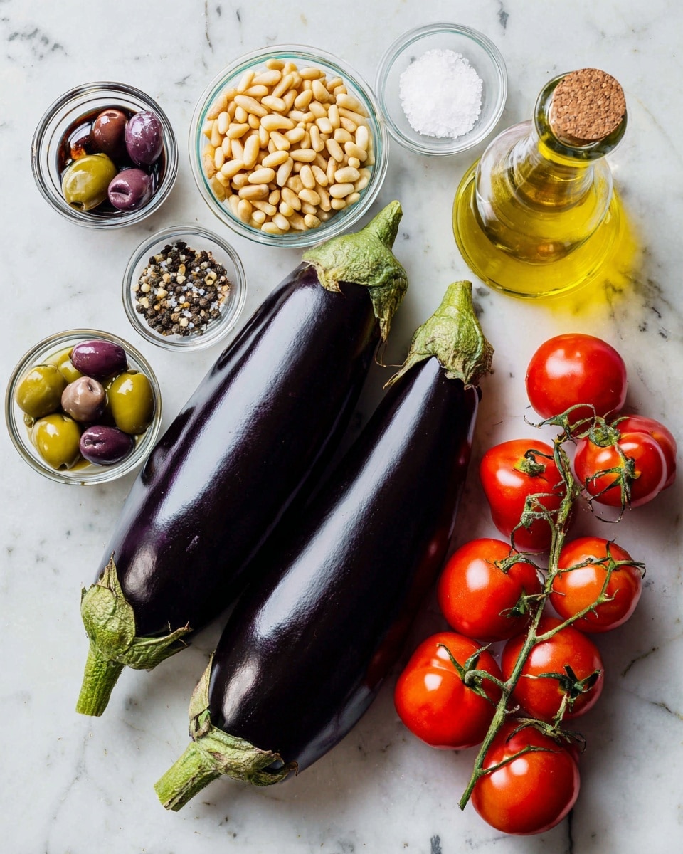 A flat lay image showing two large, shiny dark purple eggplants with green tops placed side by side near the bottom left, a cluster of bright red cherry tomatoes on green stems on the right side, a small glass bowl of light brown pine nuts above the eggplants, and a small glass jar of mixed green and purple olives below the pine nuts. There is a small white bowl with coarse salt, a small white bowl with black pepper, and a small glass bowl with grated white cheese arranged near the center. A clear glass bottle of yellow olive oil with a cork stopper sits at the top right, and a small glass bowl with dark balsamic vinegar is near the bottom right. All items rest on a white marbled surface. Photo taken with an iphone --ar 4:5 --v 7