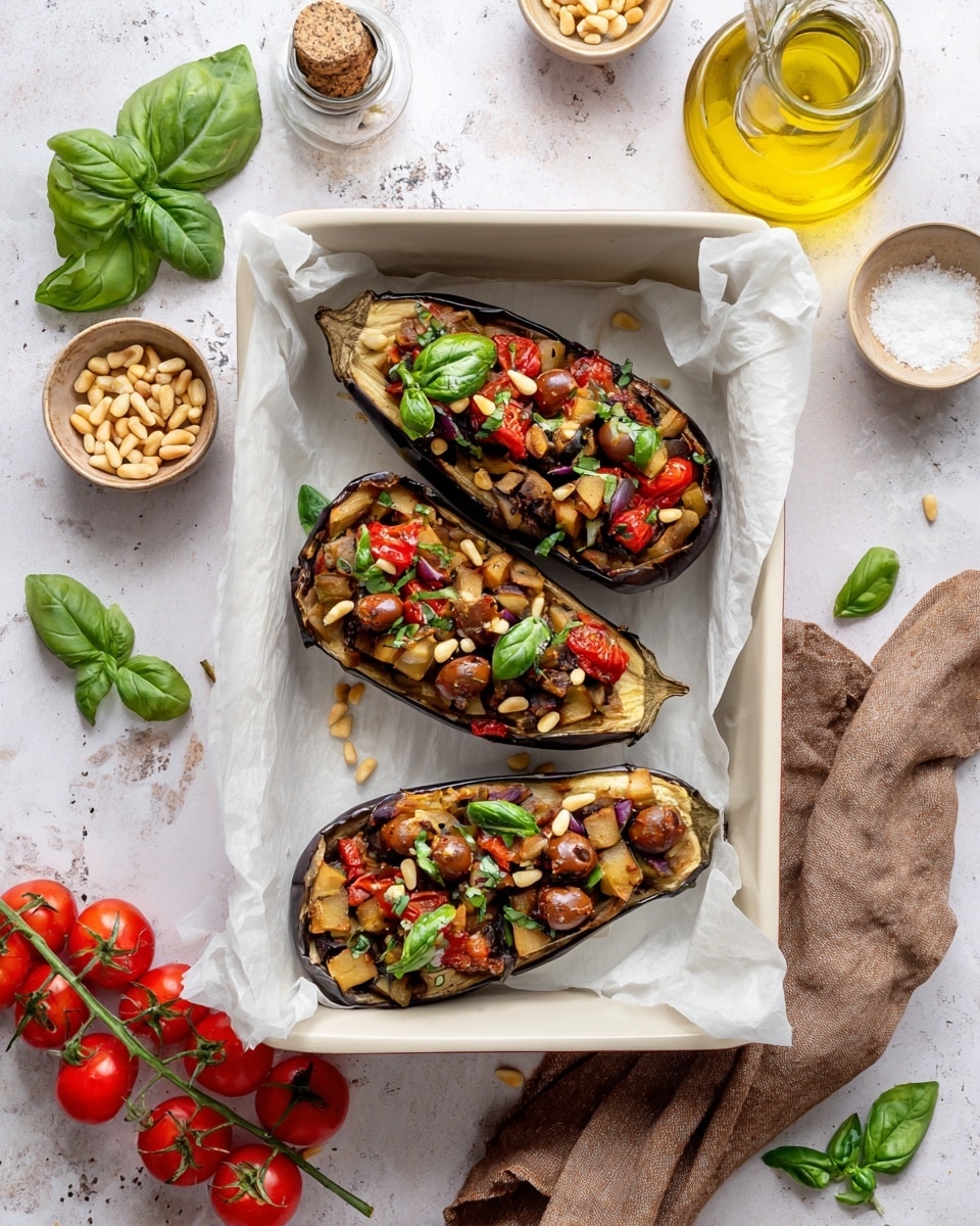 Three stuffed eggplants lie side by side in a white rectangular ceramic baking dish lined with white parchment paper. Each eggplant is filled with a dark, cooked mixture that includes small green olives, charred cherry tomato halves, and sprinkled pine nuts. Fresh green basil leaves are scattered on top of each stuffed eggplant. Around the dish on a white marbled surface, there is a sprig of fresh cherry tomatoes, a glass jar of yellow olive oil, small white bowls with salt and pepper, a small container of pine nuts, and a brown cloth napkin with a few basil leaves resting on it. Photo taken with an iphone --ar 4:5 --v 7