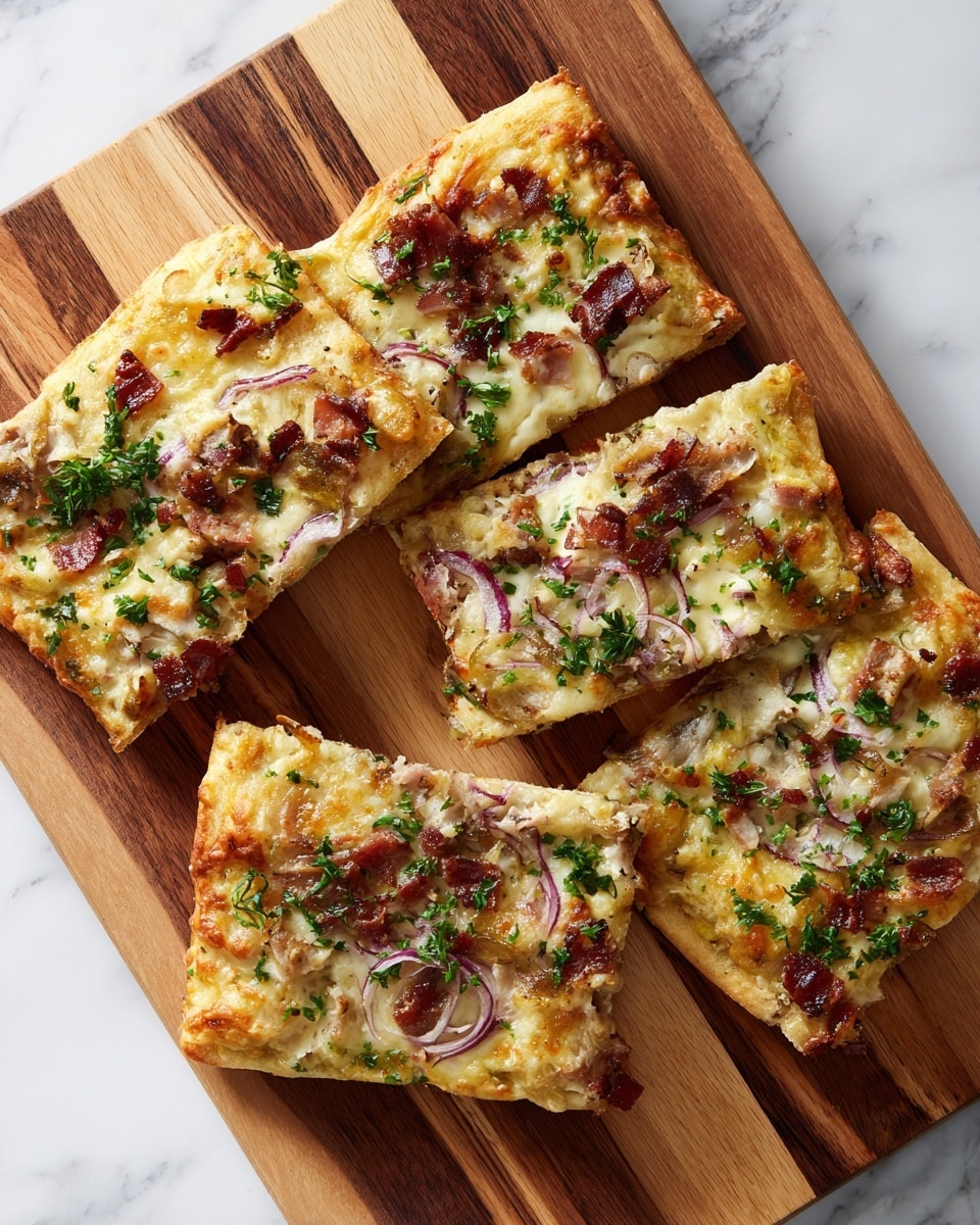 Four square pieces of pizza arranged close together on a wooden board with a natural wood grain pattern. Each slice has a golden-brown thick crust around the edges. The base layer of the pizza is melted white cheese covering the surface, topped with small chunks of light brown cooked mushrooms and thin strips of dark red meat. There are also thin slices of purple-red onion spread evenly across the pieces, with fresh green chopped herbs scattered on top. The pizza looks warm and slightly shiny from the melted cheese. Photo taken with an iphone --ar 4:5 --v 7